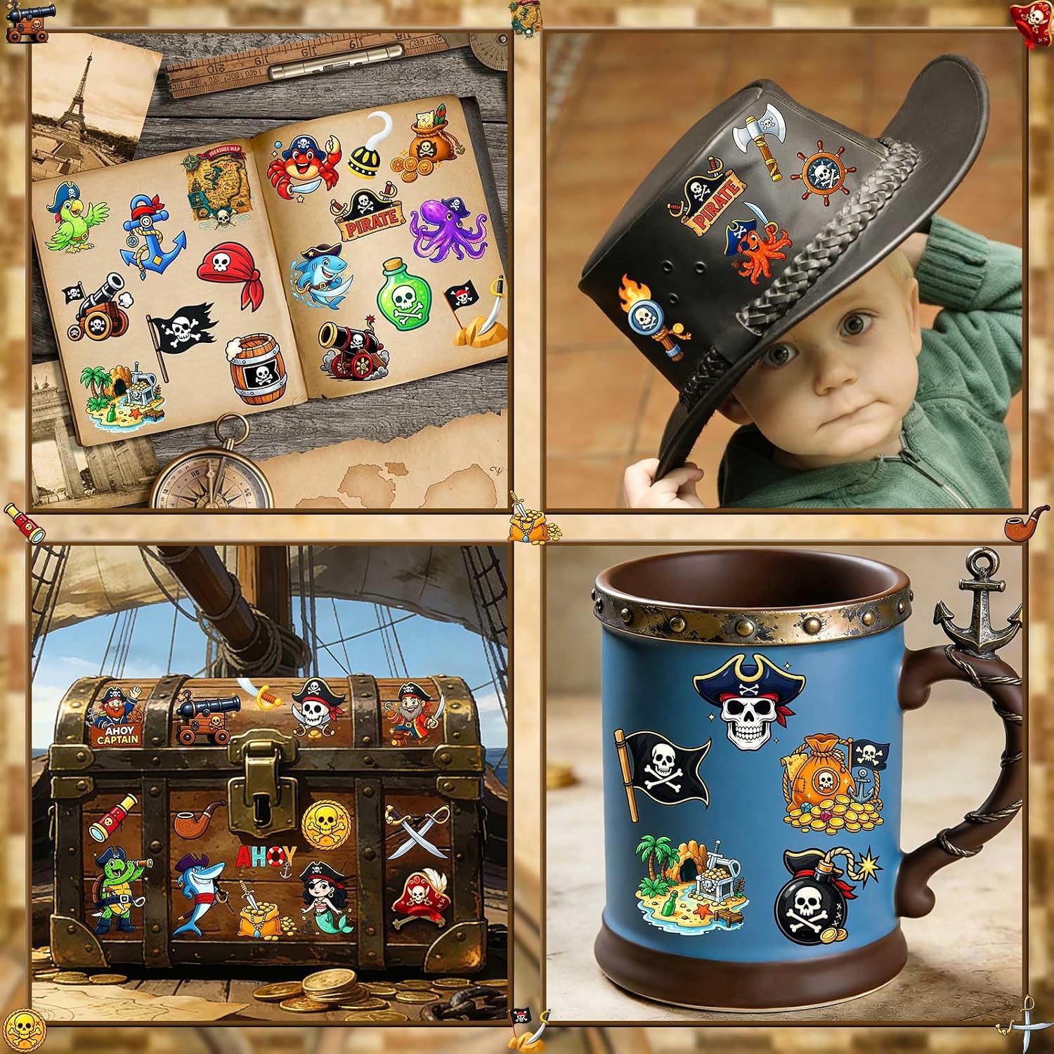 Ozepao 100 Pcs Pirate Temporary Tattoos for Kids,（2'' x 2''）Individually Wrapped Tattoos, Pirate Ship Nautical Themed Birthday Decorations, Party Favors Supplies