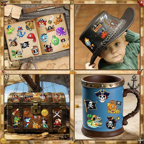 Ozepao 100 Pcs Pirate Temporary Tattoos for Kids,(2'' x 2'')Individually Wrapped Tattoos, Pirate Ship Nautical Themed Birthday Decorations, Party Favors Supplies