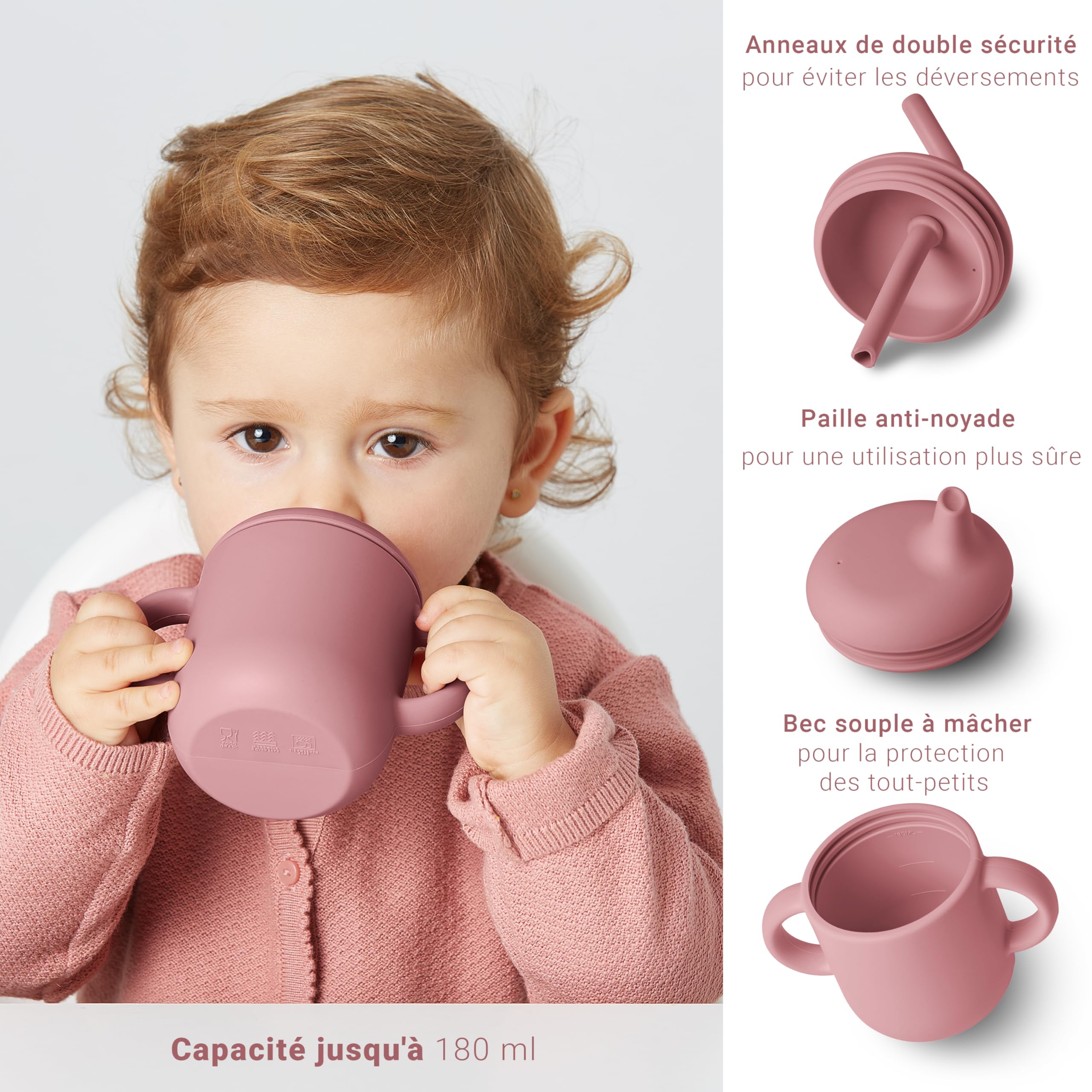 Navik | Coffret repas bebe 12 pièces | Assiette ventouse pour bébé | Tasse apprentissage bebe | Bol et bavoir | Couverts bébés | Rose