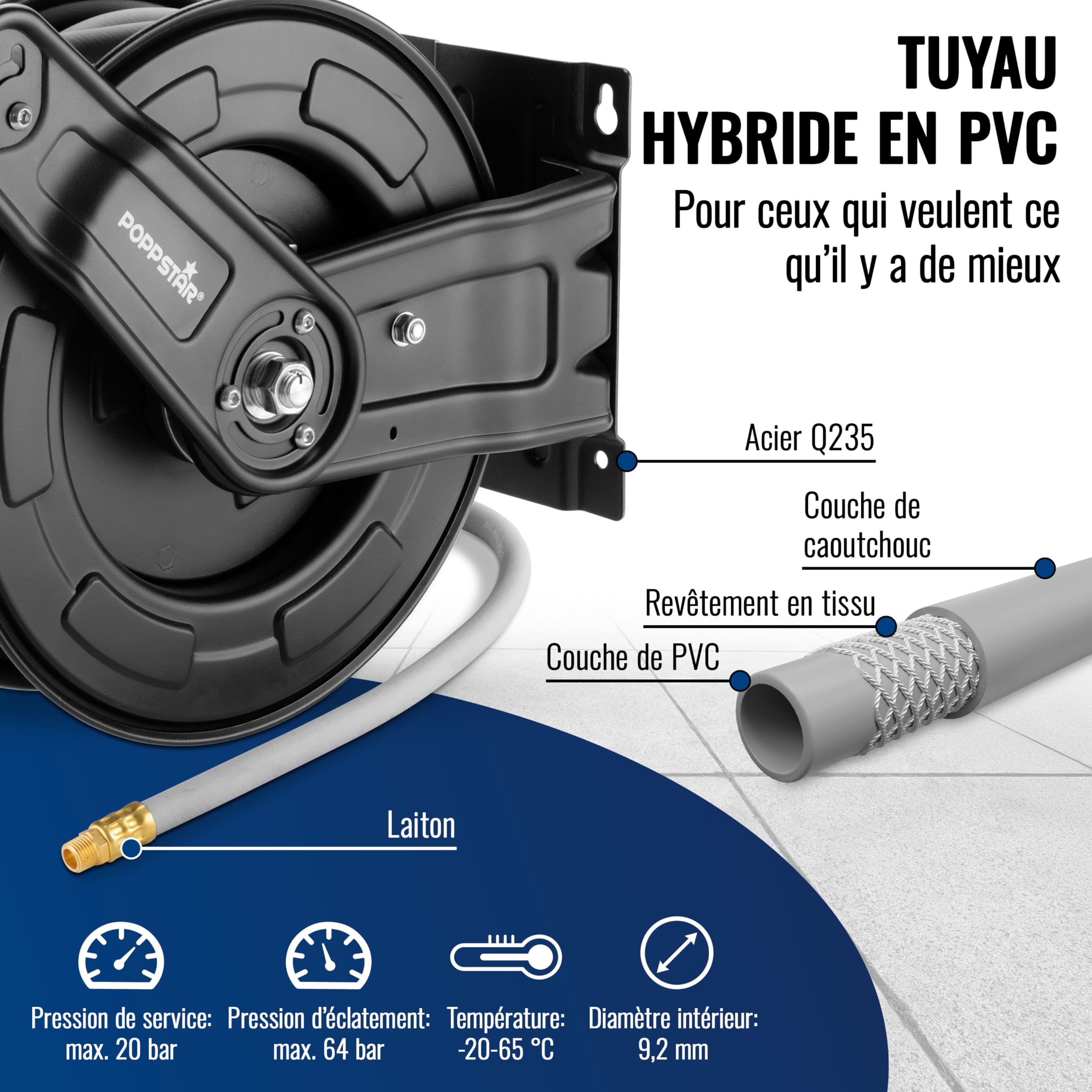 Poppstar Enrouleur de tuyau d'air comprimé en acier (20m+2m, diamètre (9,2x15mm)), raccords 1/4 pouce BSPT