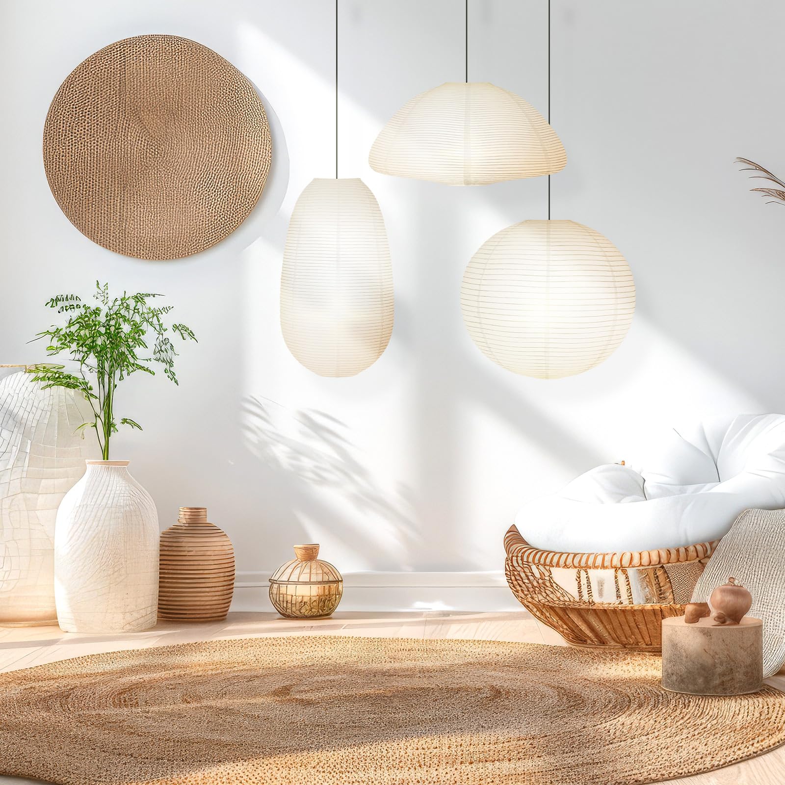 Riakrum 3 Pcs White Chinese Paper Lanterns Set 19+20+21 Inch Large Rice Paper Lamp Hanging Semicircular Elliptical Round Shaped Pendant Light Japanese Lantern for Home Bedroom Ceiling Decor