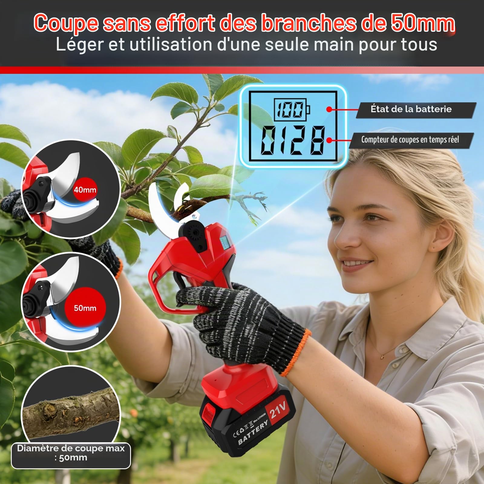 Sécateur Électrique 50mm 730W Brushless 2x 4000mAh