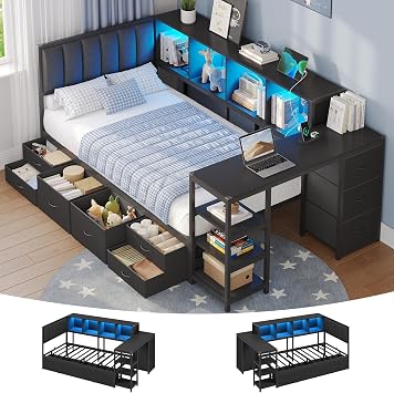 Brinlawb Twin Corner Bed with Desk, Storage Bookcase, 9 Drawers, Charging Station and LED Lights, Modern Twin Bed Frames with Headboard for Small Rooms, Space-Saving, Black