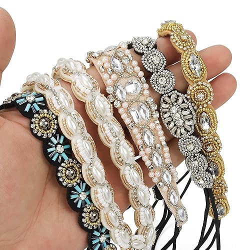 Miniatura 7 de AMCAMI 5 diademas de cuentas con perlas y diamantes de imitación para mujer, bandas para la cabeza con cuentas brillantes, diademas hippie para