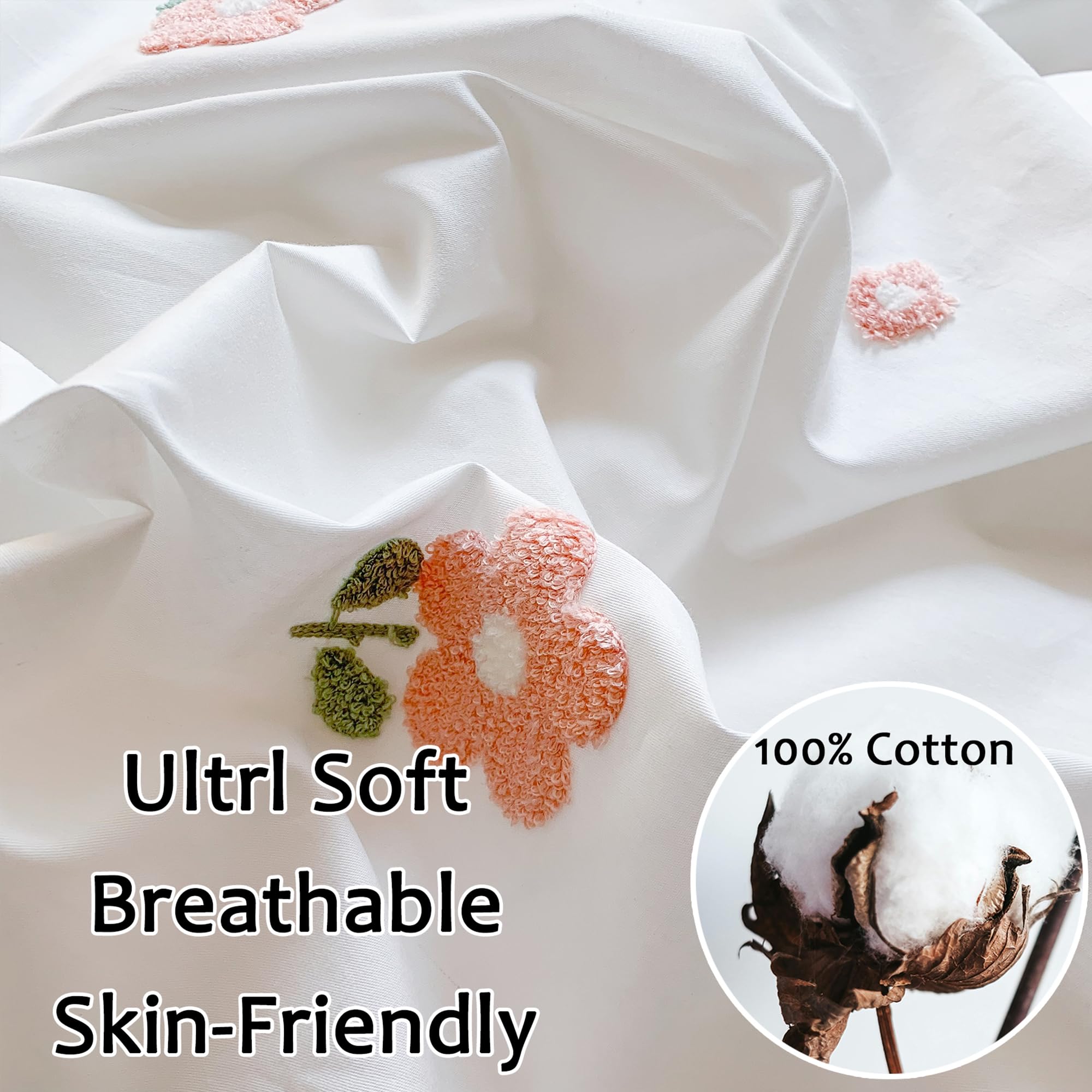 MorroMorn Cotton Duvet Cover Queen Size, 3D Embroidery Floral Bedding Sets, Fluffy Chenille Embroidered Comforter Covers Breathable Sweat-Absorbent for Girls Kids Teen (Flowers White, Full/Queen)