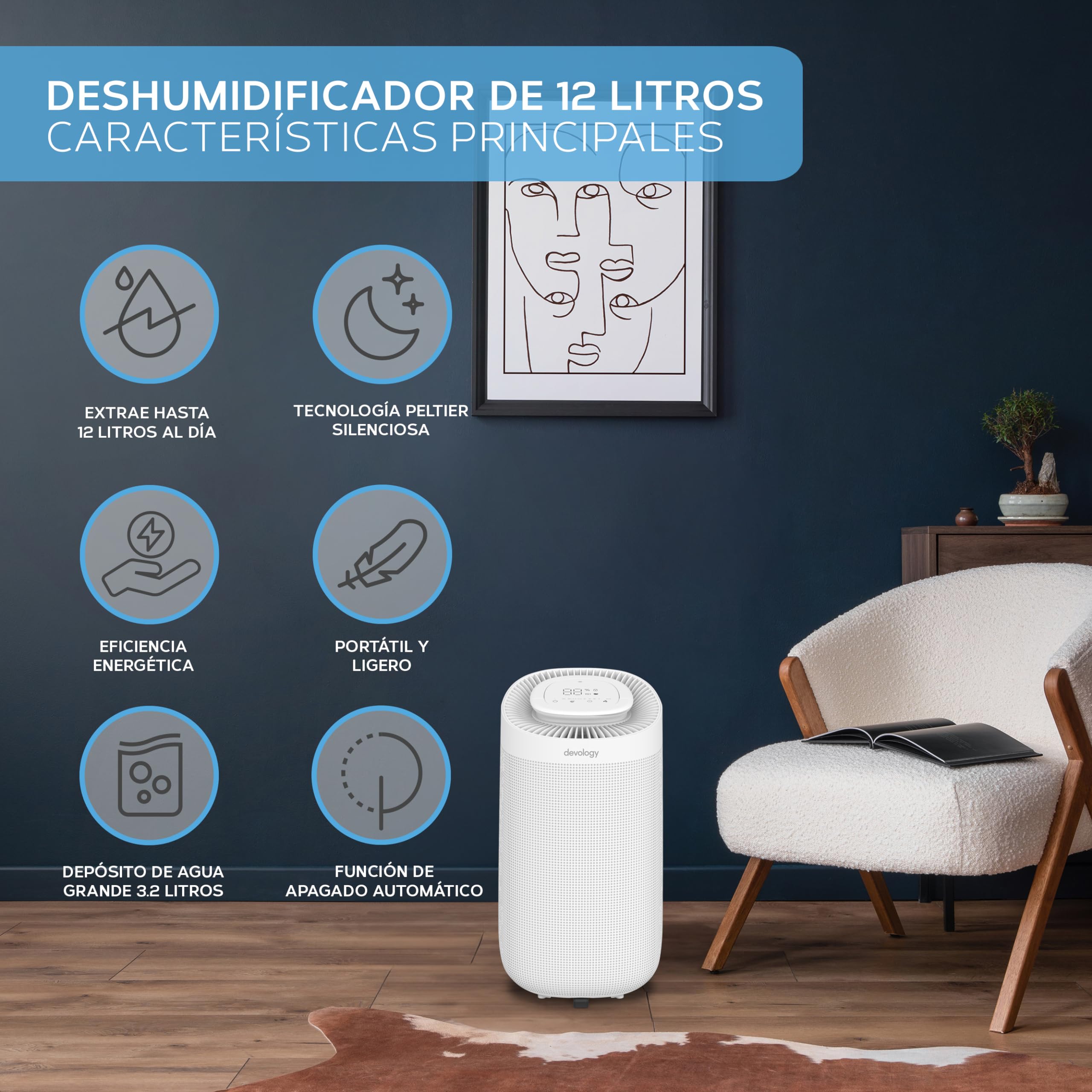 Deshumidificador Digital 12L/Día - Aplicación WIFI - Depósito de Agua de 3,2L - Filtro HEPA - Secado de Ropa - Quita el Moho, la Humedad y la Condensación, Silencioso y Portátil