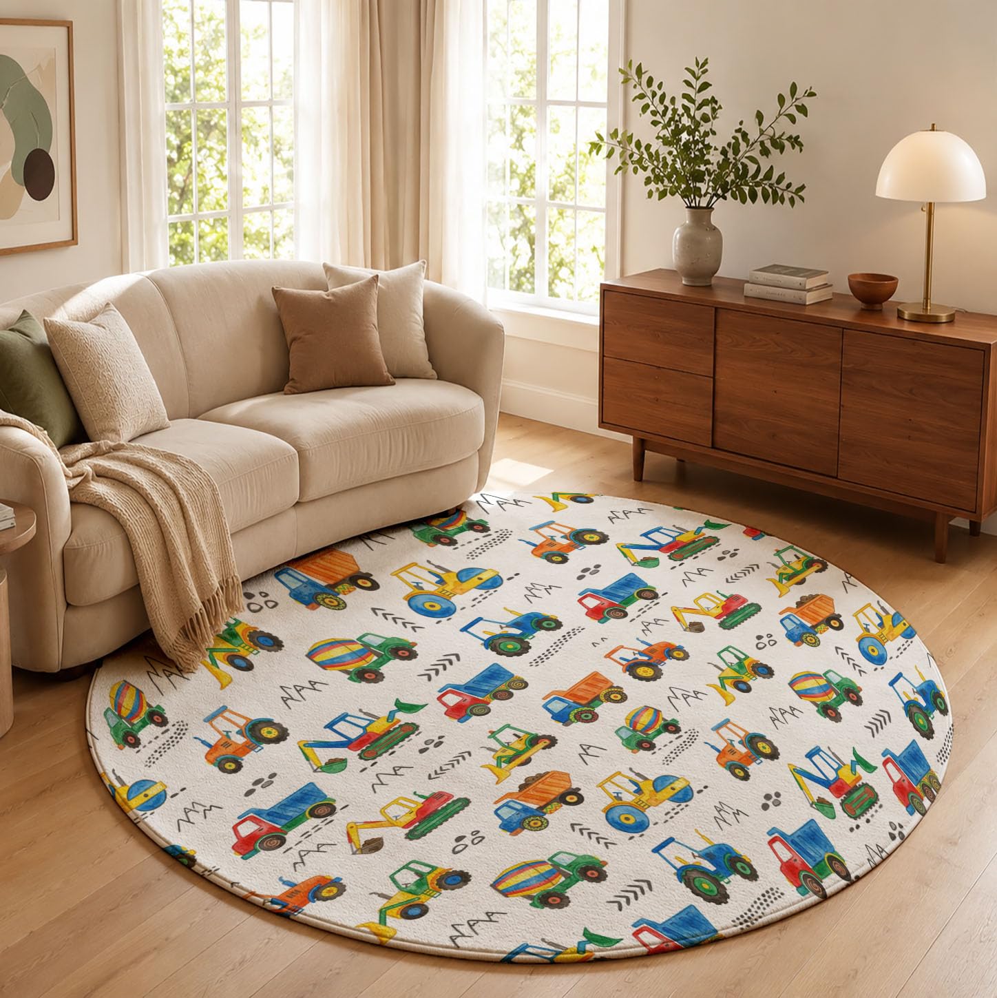 Tappeto Rotondo Veicoli Da Ingegneria a Pelo Corto - Rund 100cm, Tappeto Circolar Trattori Ed Escavatori, Fondo Antiscivolo, Lavabile in Lavatrice, Morbido per Cameretta dei Bambini, Scendiletto