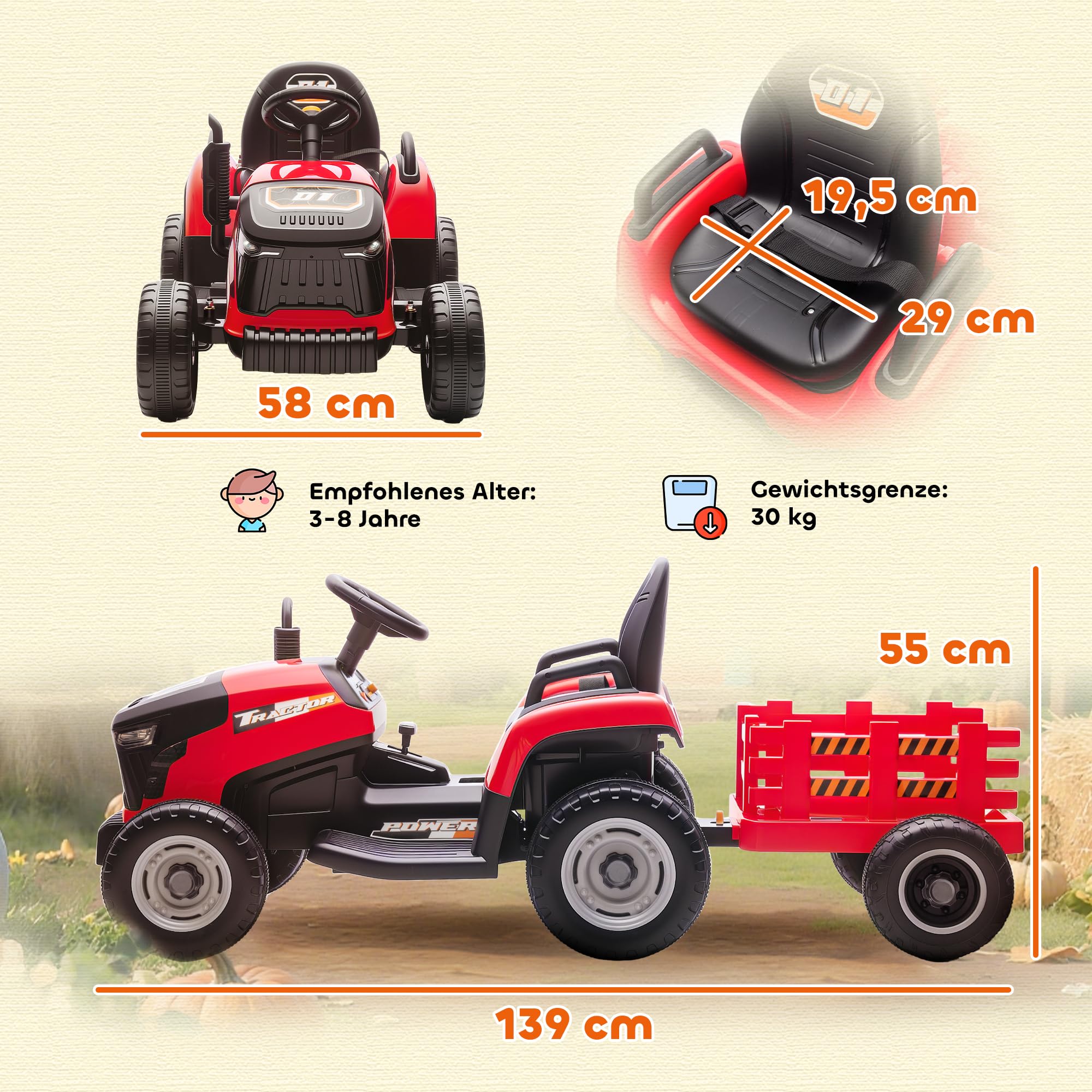 AIYAPLAY Elektryczny traktor dziecięcy z przyczepą, traktor z pilotem zdalnego sterowania, 2 silniki, 3-biegowy samochód elektryczny dla dzieci z muzyką, klakson, dźwięk rozruchu, delikatny start, 3-5