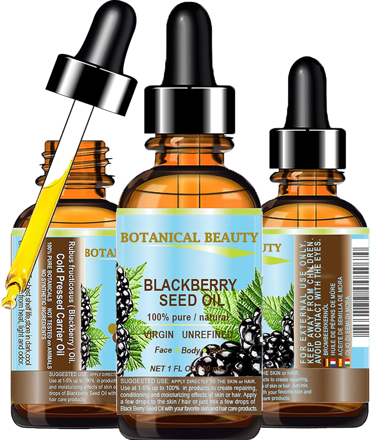 Botanical Beauty BLACK BERRY SEED OIL 100% Pure Natural Virgin Unrefined. Cold Pressed Undiluted Carrier Oil for Face, Skin, Body, Hair, Anti-Aging Face Oil (4 Fl Oz)
