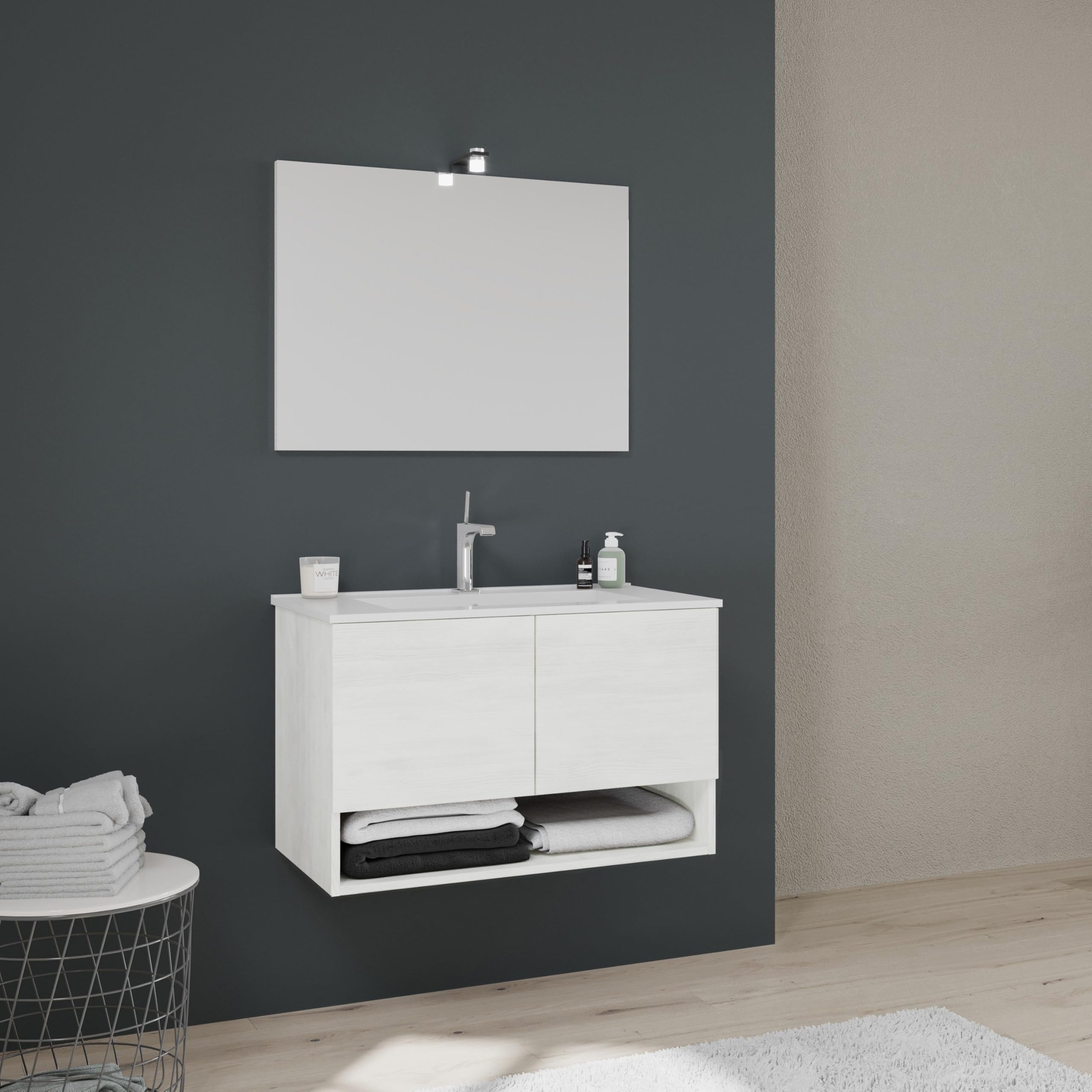 Kiamami Valentina Armadietto Bagno Sospeso 80 Cm 2 Ante Quercia Bianco