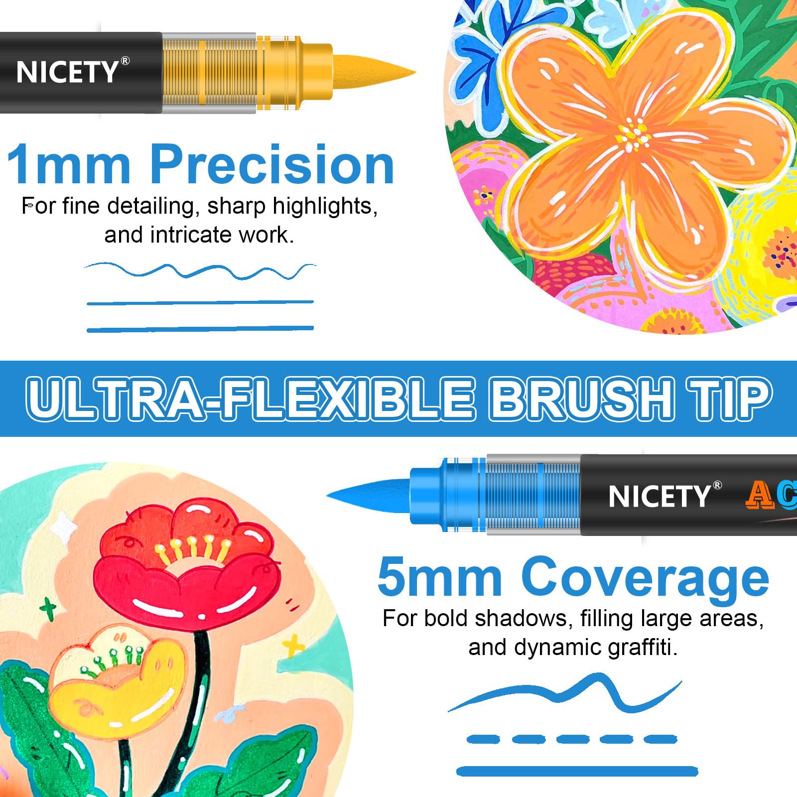 NICETY 120 Rotuladores Acrílicos de Punta Pincel - Set de Marcadores para Pintar sobre Piedra, Madera, Cerámica, Cristal - No Tóxicos, Punta Flexible 1-6mm - Para Adultos, Artistas y Principiantes