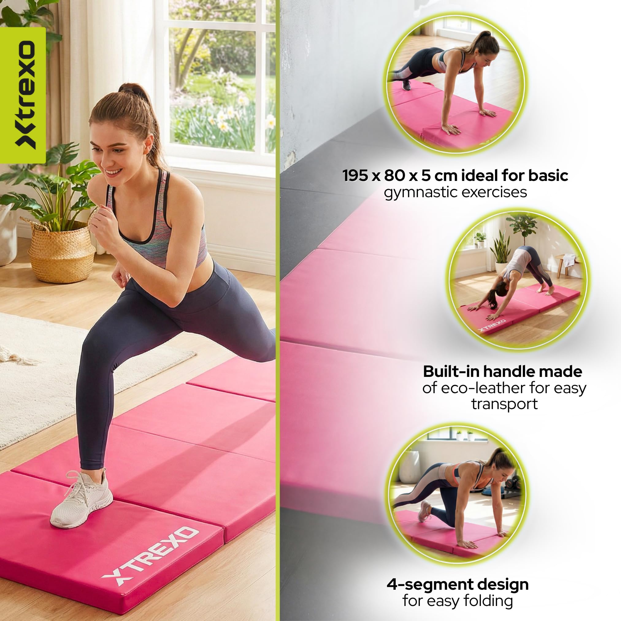 TREXO – Tapis de Gymnastique Pliable 195 x 80 x 5 cm 4-Panneaux – Tapis d’Entraînement Portable avec Poignée, Mousse EPE & Revêtement Similicuir – Rose