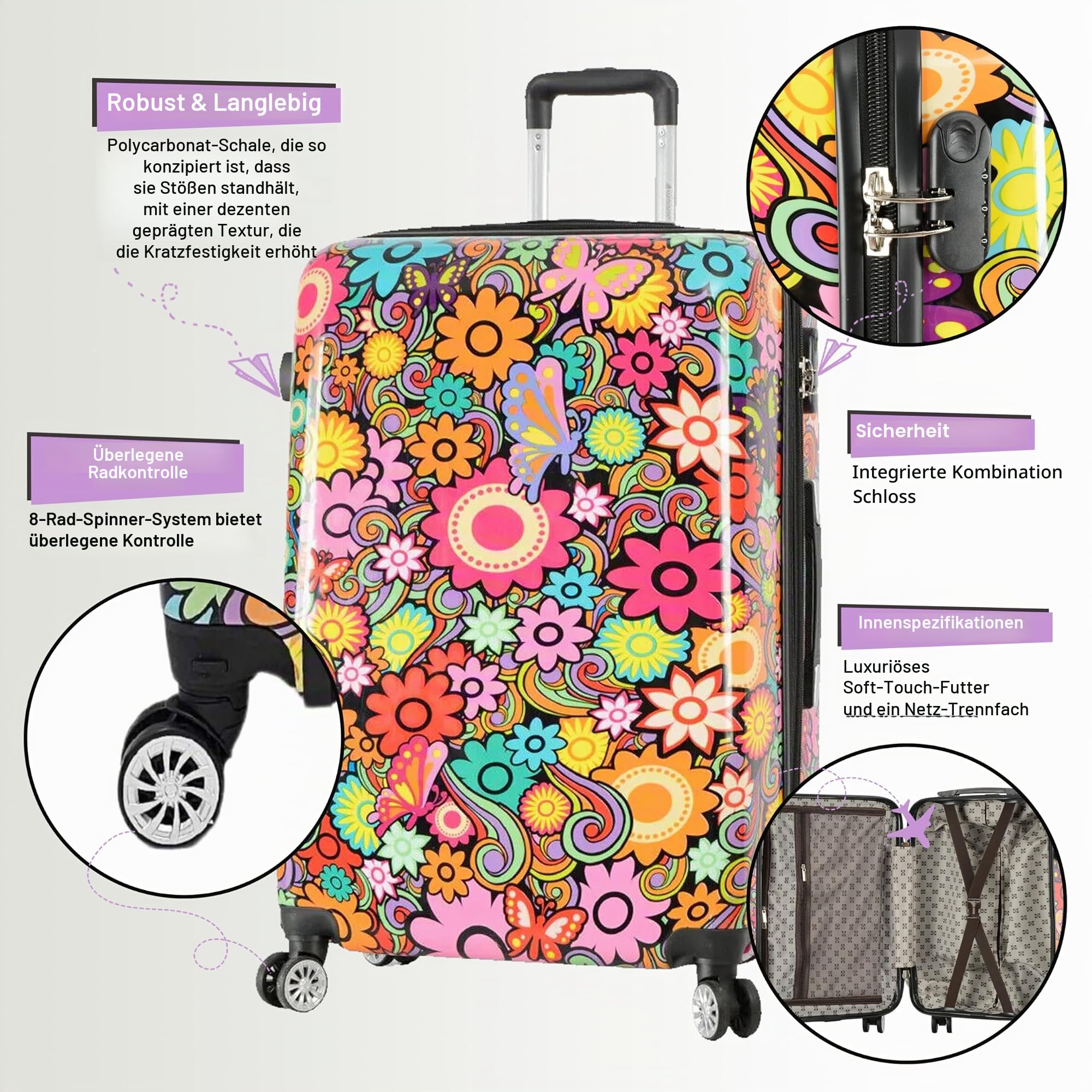 Infinity Leather Mittelgroßer Koffer „Flowers“, 61 cm, superleichtes Gepäck, 4 Räder, Spinner, 3-stelliges Zahlenschloss, Hartschalengepäck für 15 bis 20 kg