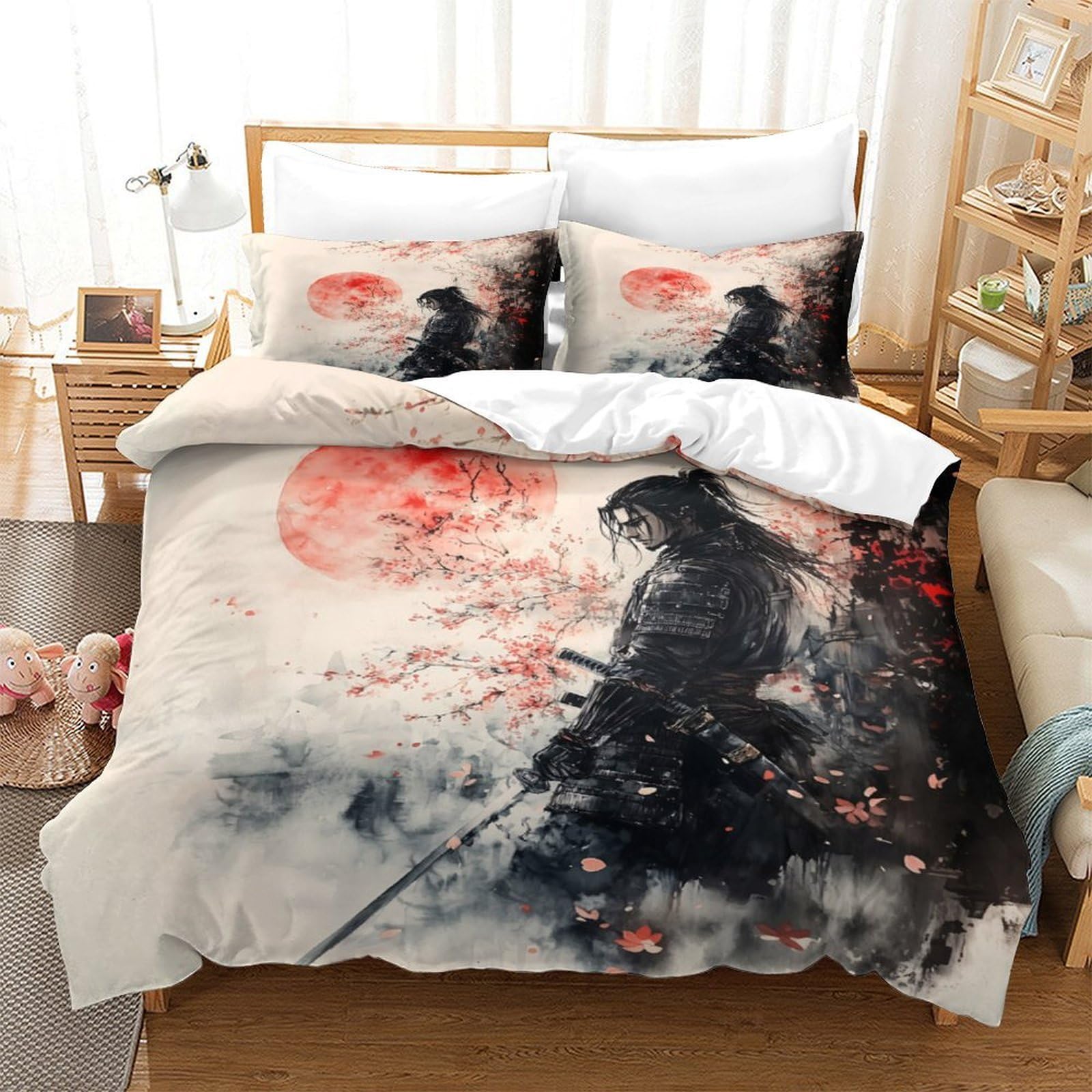 Samurai Krieger 3-teiliges Reines Polyester Japanische Tinte Malerei Stil Bettbezugset, Versteckter Reißverschluss, Für Kleinkinder, Babysicher & Gifffrei, Pflegeleicht King（220x240cm）