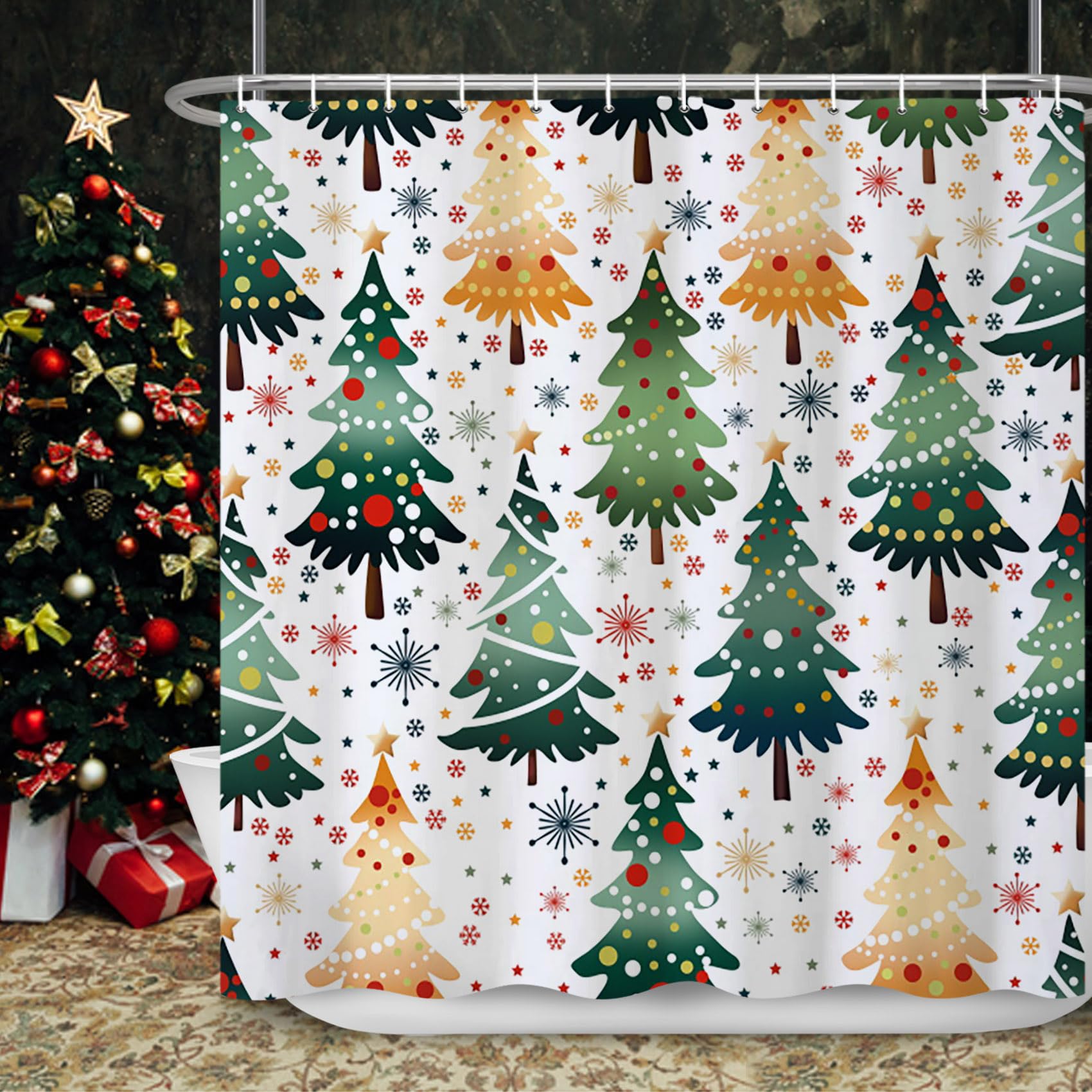 Ttincceer 41x62inch Christmas Tree Shower Curtain Cartoon Xmas Tree Firework Snowflake Washable Bathroom Curtain Green Orange Pine Tree Winter Holiday Bath Decorative Curtain with Hook Polyester