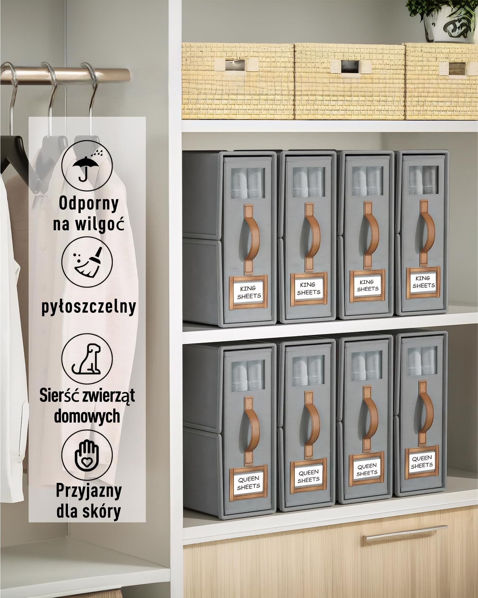 SwartLife Zestaw 6 Organizerów na Pościel i Prześcieradła - Składany Organizer do Szafy z Okienkiem i Etykietą - Oddychające Pudełko na Kołdry i Ręczniki- Szary