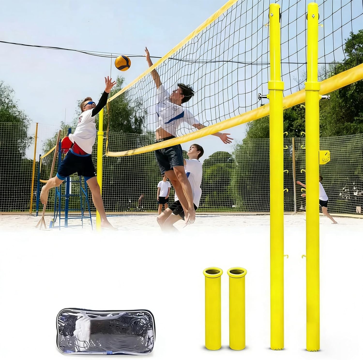 Volleyball Poles for Backyard, Volleyball Net with Poles, 4 Adjustable Heights Volleyball Pole with Volleyball Net/Badminton Net for Indoor, Outdoor