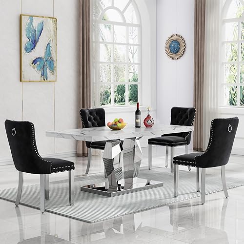 Miniatura 19 de Juego de 5 mesas de comedor de mármol sintético, juego de mesa de cocina y comedor para 4, mesa de comedor rectangular blanca de 70 pulgadas con