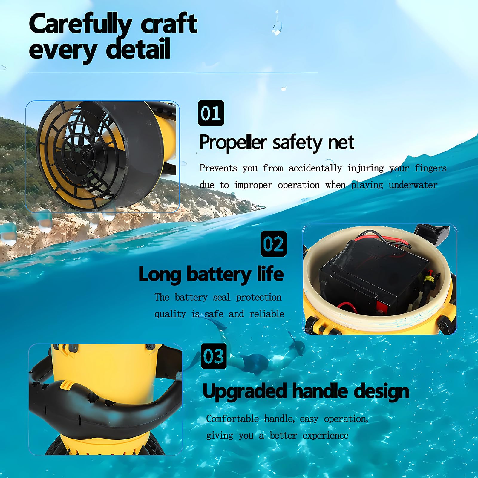 Monopattino subacqueo portatile, motore spazzolato da 500 W, propulsore subacqueo, leggero e facile da trasportare, attrezzatura di propulsione subacquea per spiaggia
