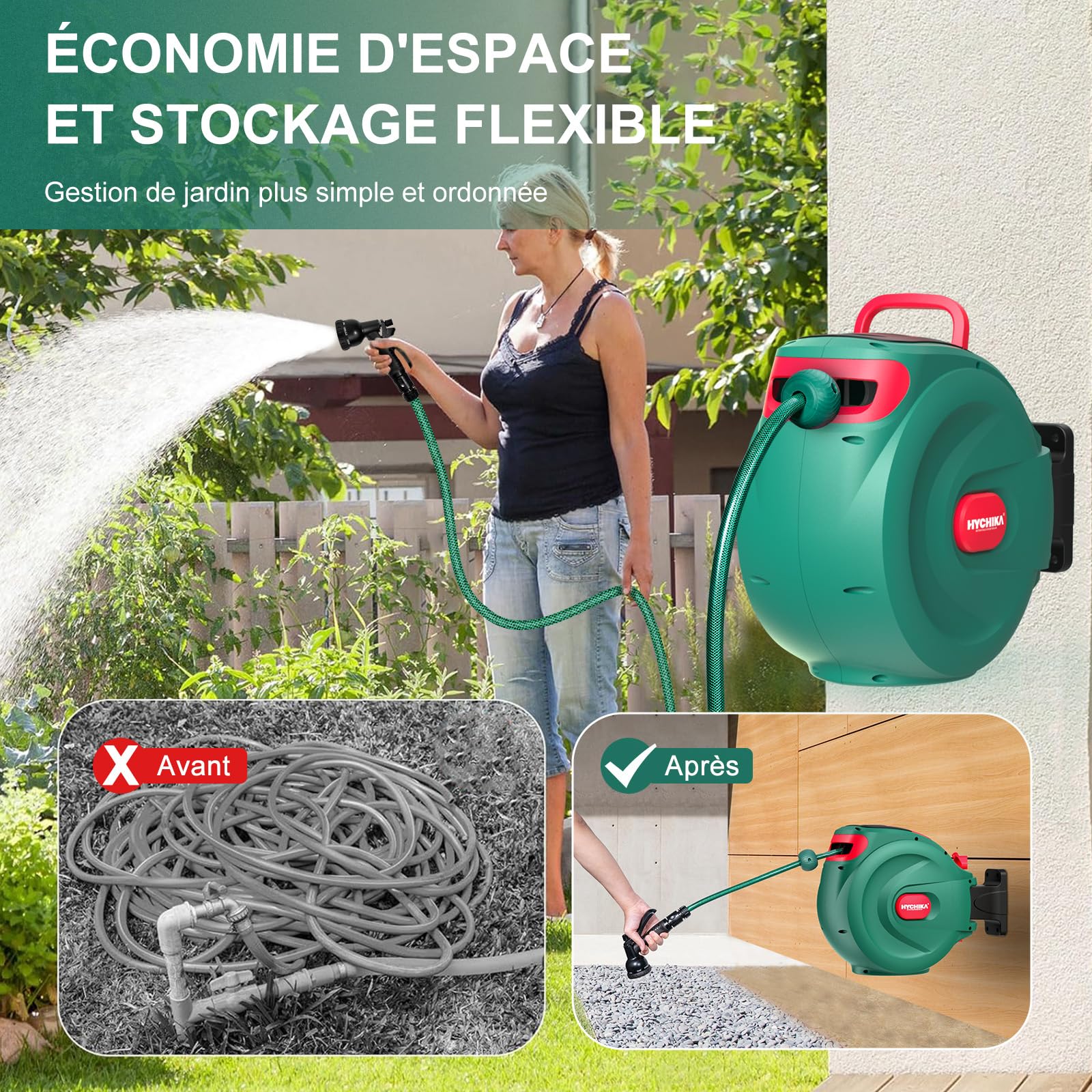 HICHIKA Enrouleur de Tuyau d'Arrosage 20m – Enrouleur Extensible Murale pour Jardin avec Verrouillage et Enroulement Automatique, Buse à 8 Modes, Boîte Pivotante 180°, pour Arrosage Extérieur