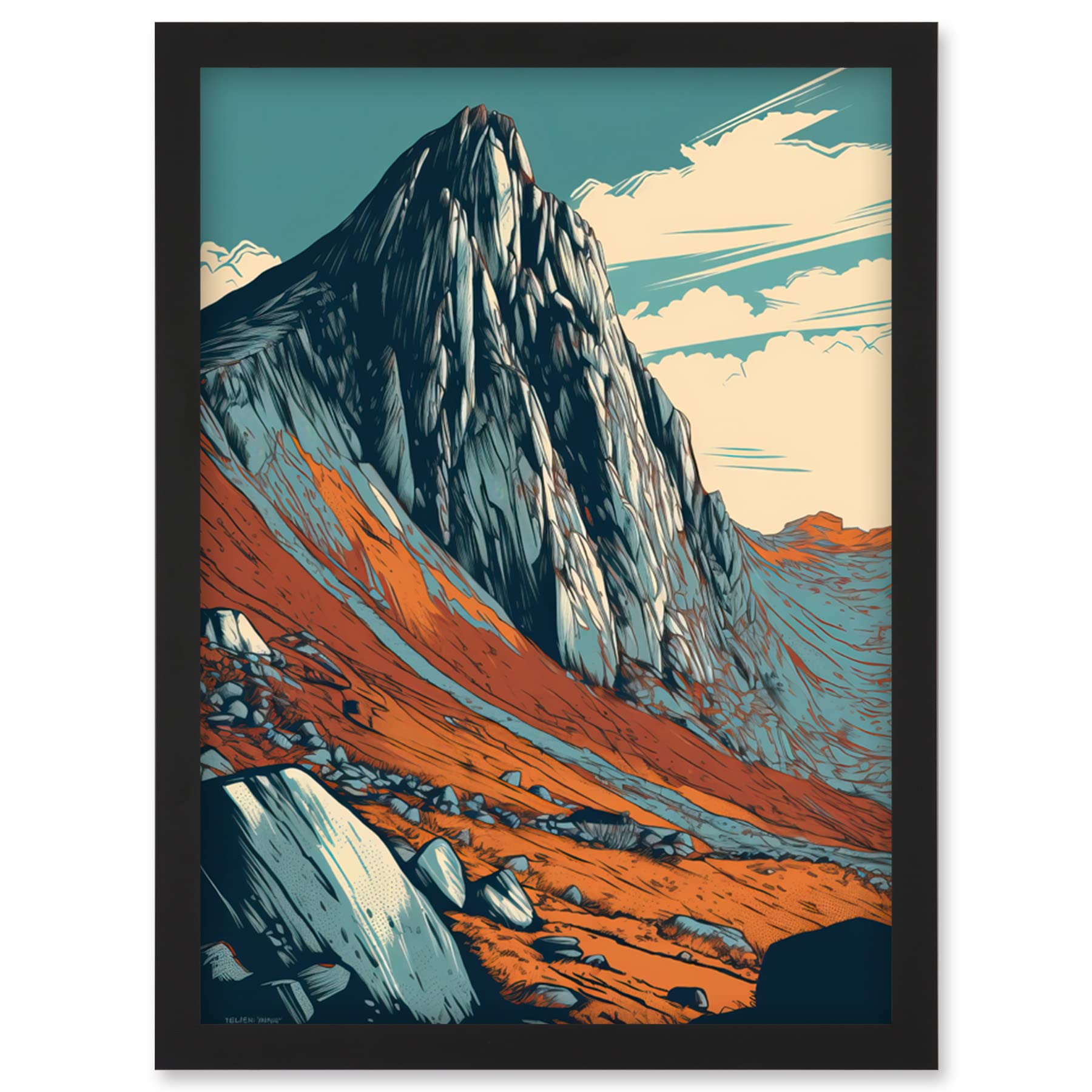 Artery8 Tryfan Mountain Peak Landscape Teal Brown Linocut Artwork Framed Wall Art Print A4