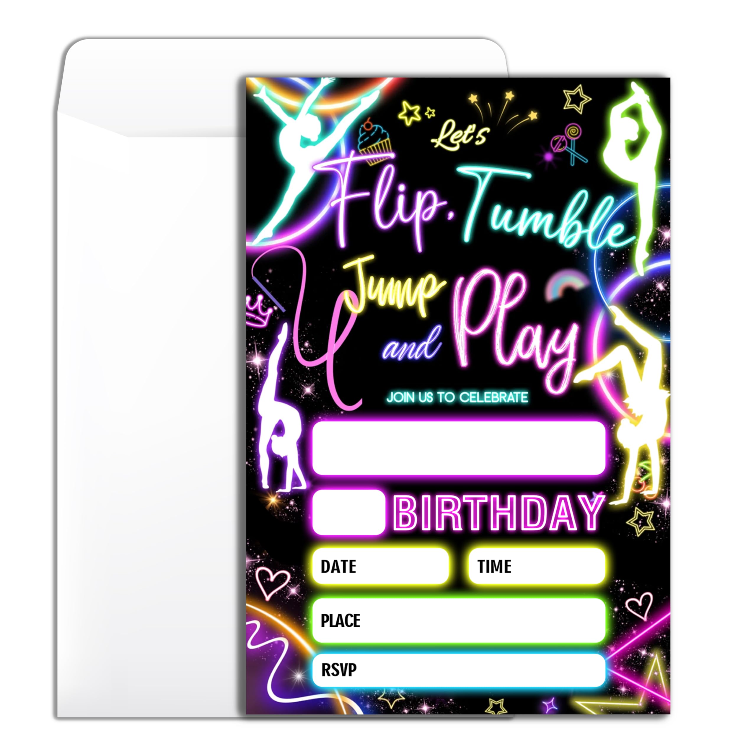 Wybgno Gymnastics Birthday Invitations 20 Jump tumble & play Theme Party Neon Birthday Invitation With Envelopes for Boys Girls Party Invite Cards -4ร6 inch-B012 โ image 1