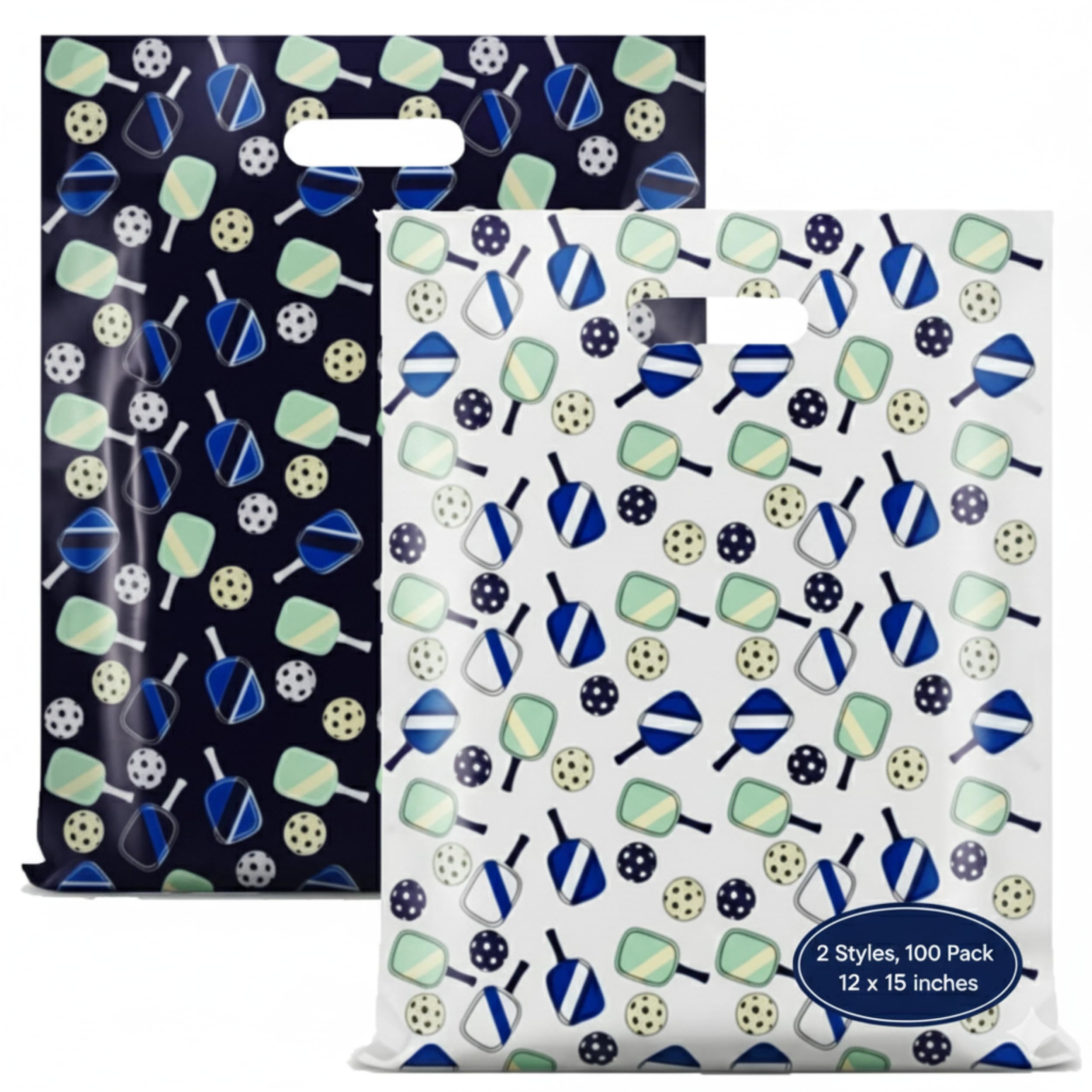 Rainbows & Lilies 100 Thick Plastic Pickleball Gift Bags with Handles, 12x15 Bulk Reusable Shopping Bags for Business, Retail, Tournaments, Events,