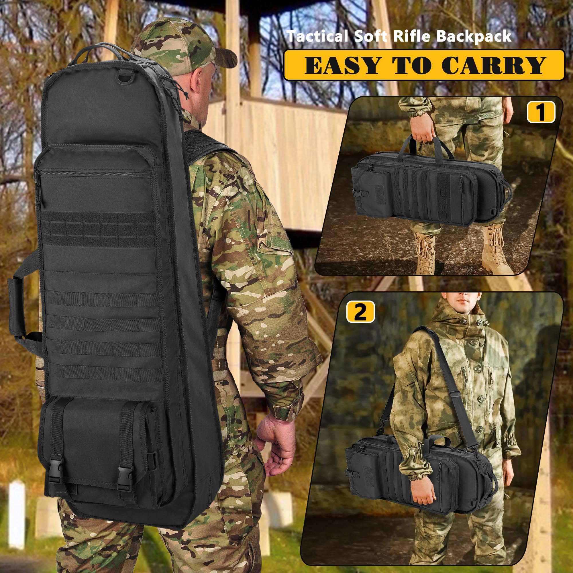 GOBUROS Tactical Rifle Bag Rucksack für 91 cm Gewehre, weicher Gewehrkoffer mit 3 Magazinhaltern, gepolsterten Schultergurten, abschließbarem Reißverschluss und Molle-System für Jagd und Schießen