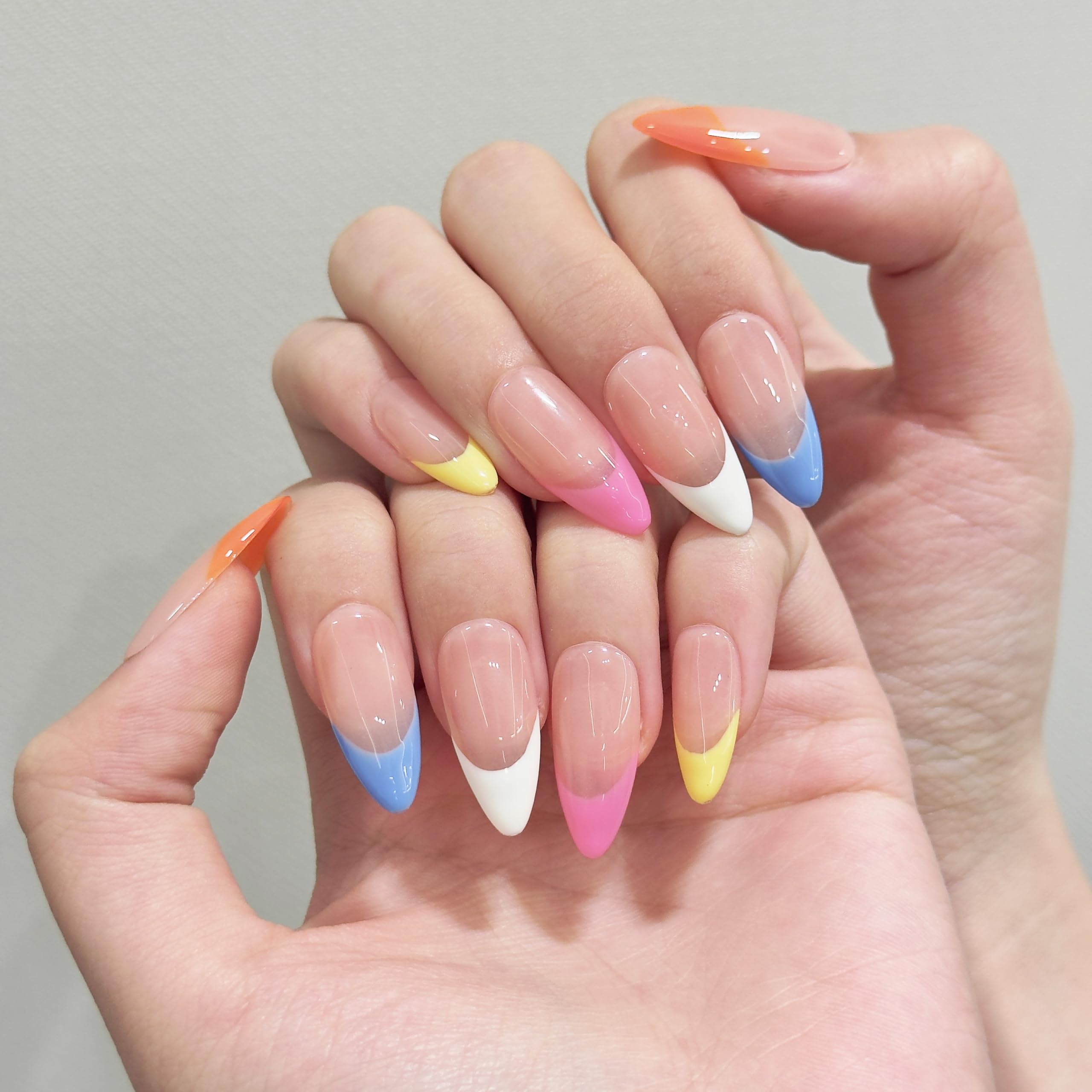 Tesytto Colorful French Tip Press on Nails Medium Almond - Rainbow Edge Fake Nails Nude Sheer False Nails with Glossy Acrylic Stick on Nails for Women