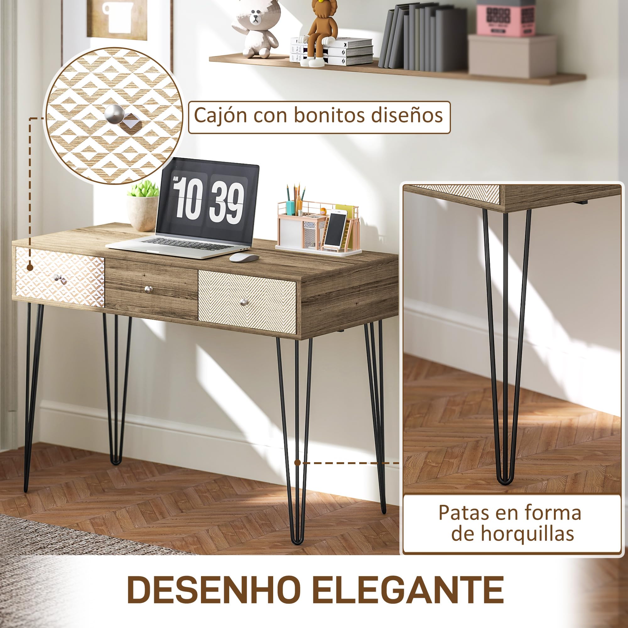HOMCOM Escritorio Bohemio con Patas Horquilla y 3 Cajones 105x50x75 cm