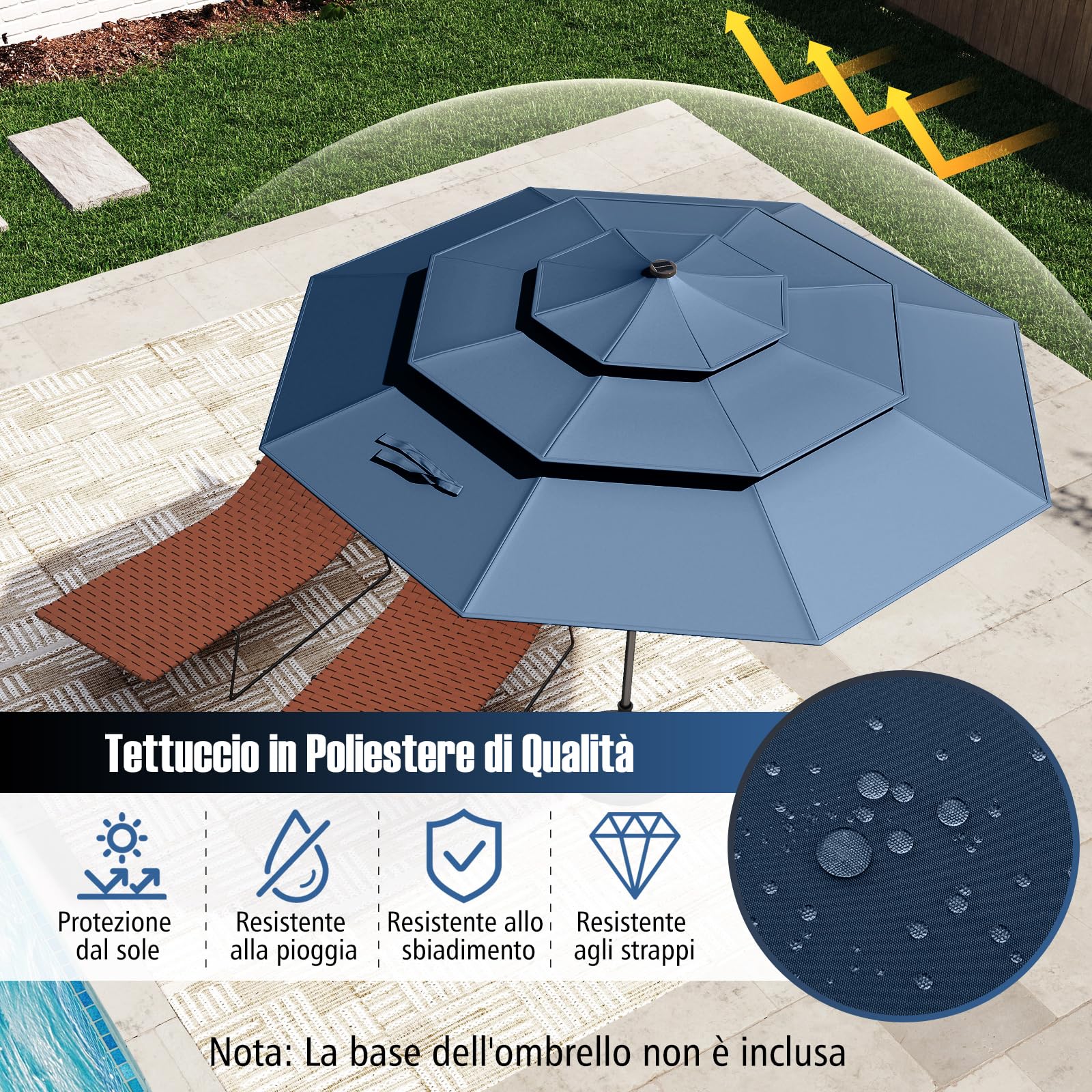 COSTWAY Ombrellone da Patio 297 cm con 32 Luci LED, Tetto Ventilato a 3 Piani, Inclinazioni Regolabili, Manovella, 8 Stecche, Ombrellone da Giardino, Piscina, Spiaggia (Blu)