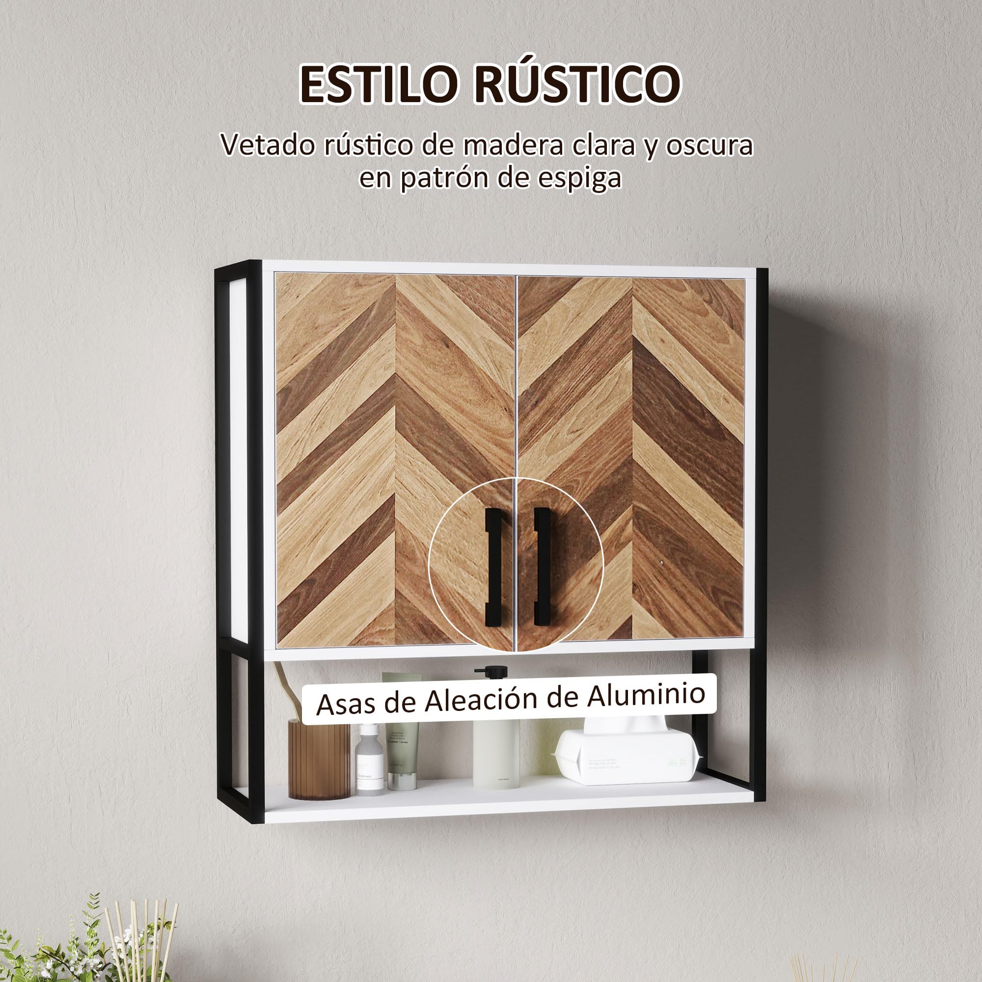 HOMCOM Armario de Pared para Baño Multiusos 59x20x60 cm Multicolor | Mueble de Baño Suspendido, Armario Colgante de Almacenamiento, con 2 Puertas, Estante Ajustable, Estante Abierto
