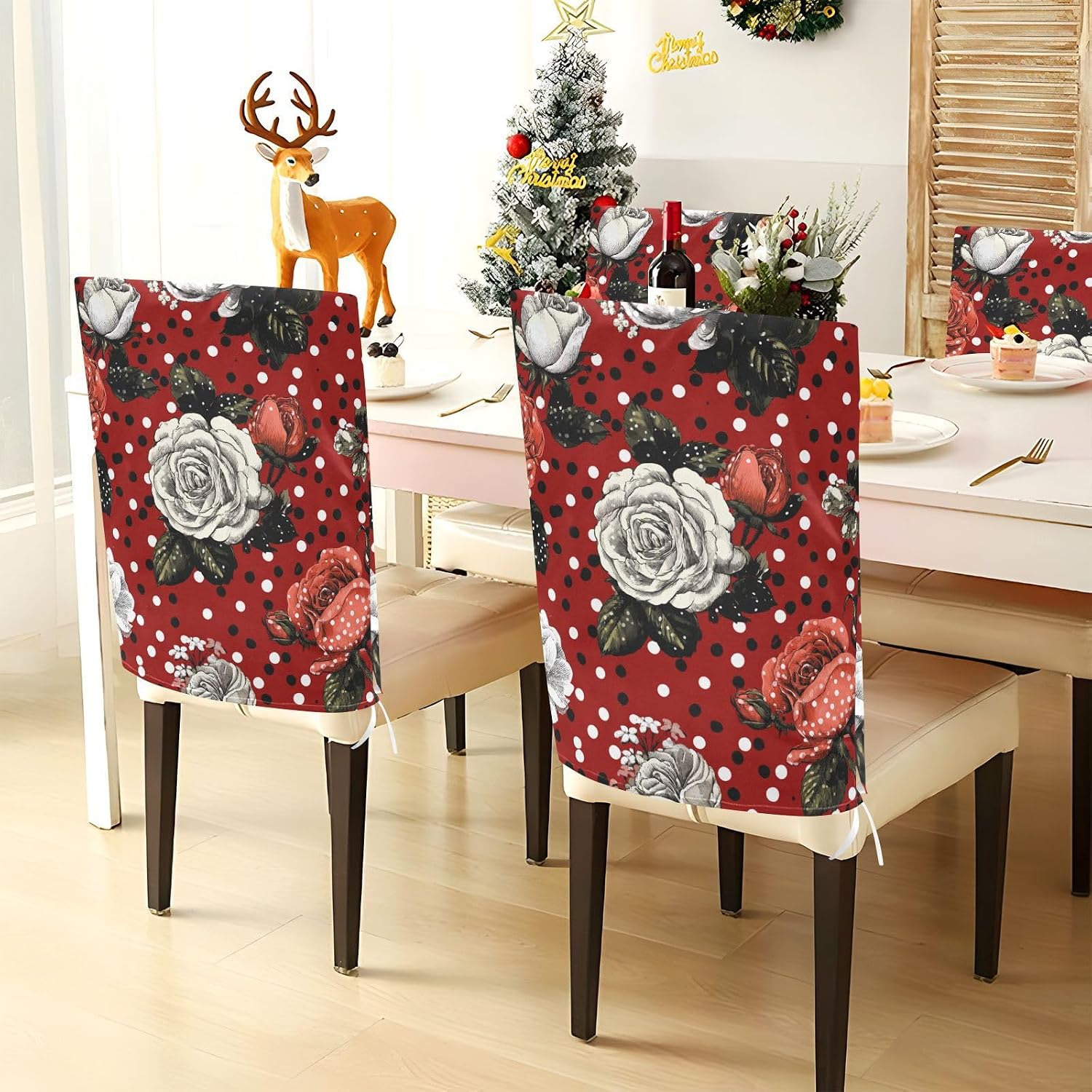 ALAZA Retro Roses Polka Dots Chair Back Cover Set of 6, Washable Reusable Removable Chair Slipcovers Decorative Chair Cover for Home Kitchen Wedding Party
