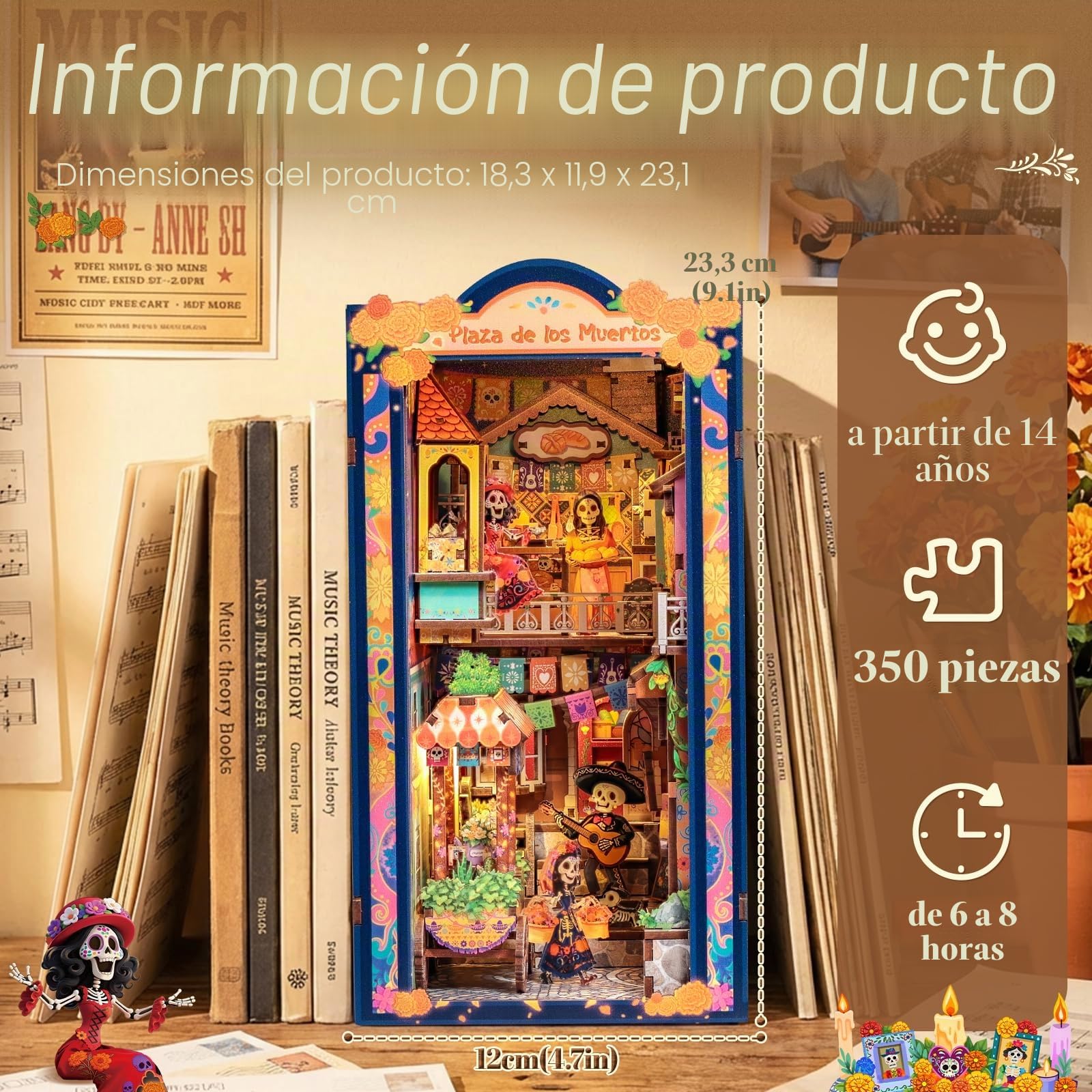 CUTEBEE Book Nook Kit - Casa de Muñecas DIY para Adultos, Maqueta en Miniatura para Montar, Rompecabezas 3D de Madera del Día de Muertos, Decoración para Estantería (Plaza de los Muertos)