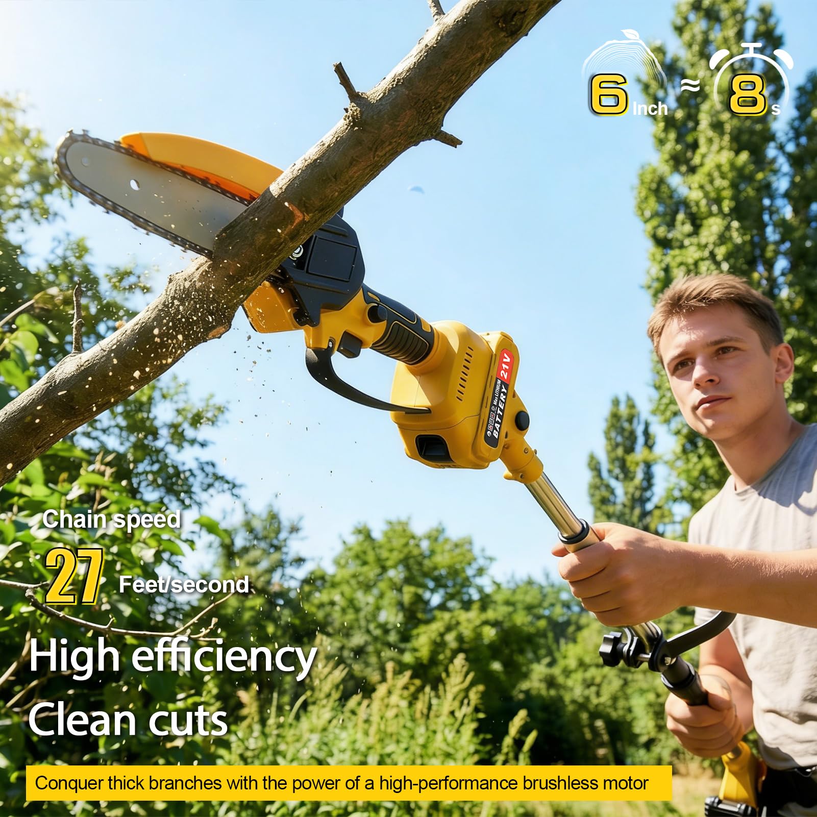 21V Akku Teleskop Hochentaster, 6 Zoll Hochentaster Akku Elektrisch,2-in-1 Teleskop Astsäge Astschere mit 2 x 2000mAh, Handkettensäge für Gartenscheren Astschere Holzschneidenz