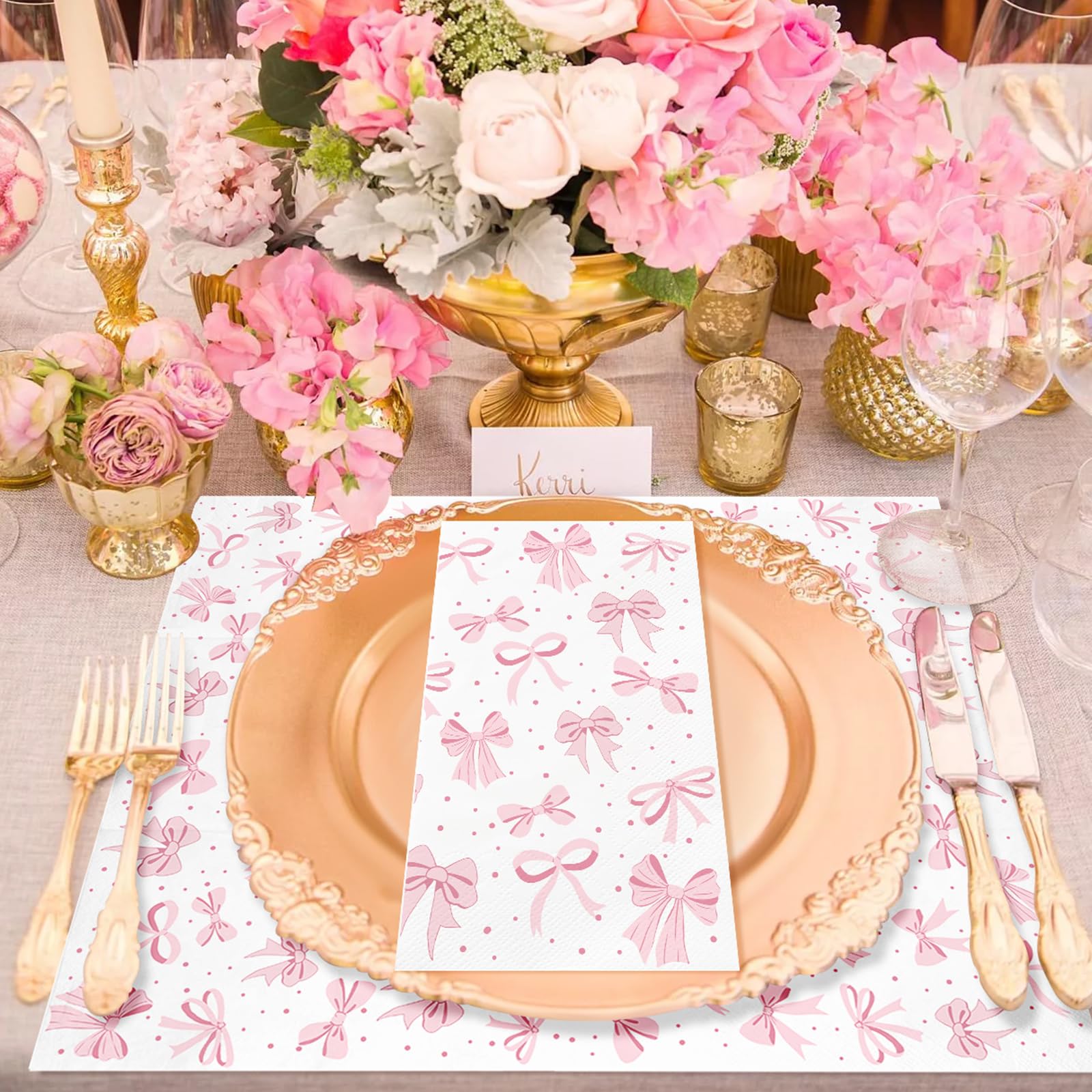 100 servilletas de lazo rosa, toallas de mano desechables para baño, servilletas de papel decorativas de 3 capas, servilletas de papel con lazo rosa, servilletas de invitados para cumpleaños