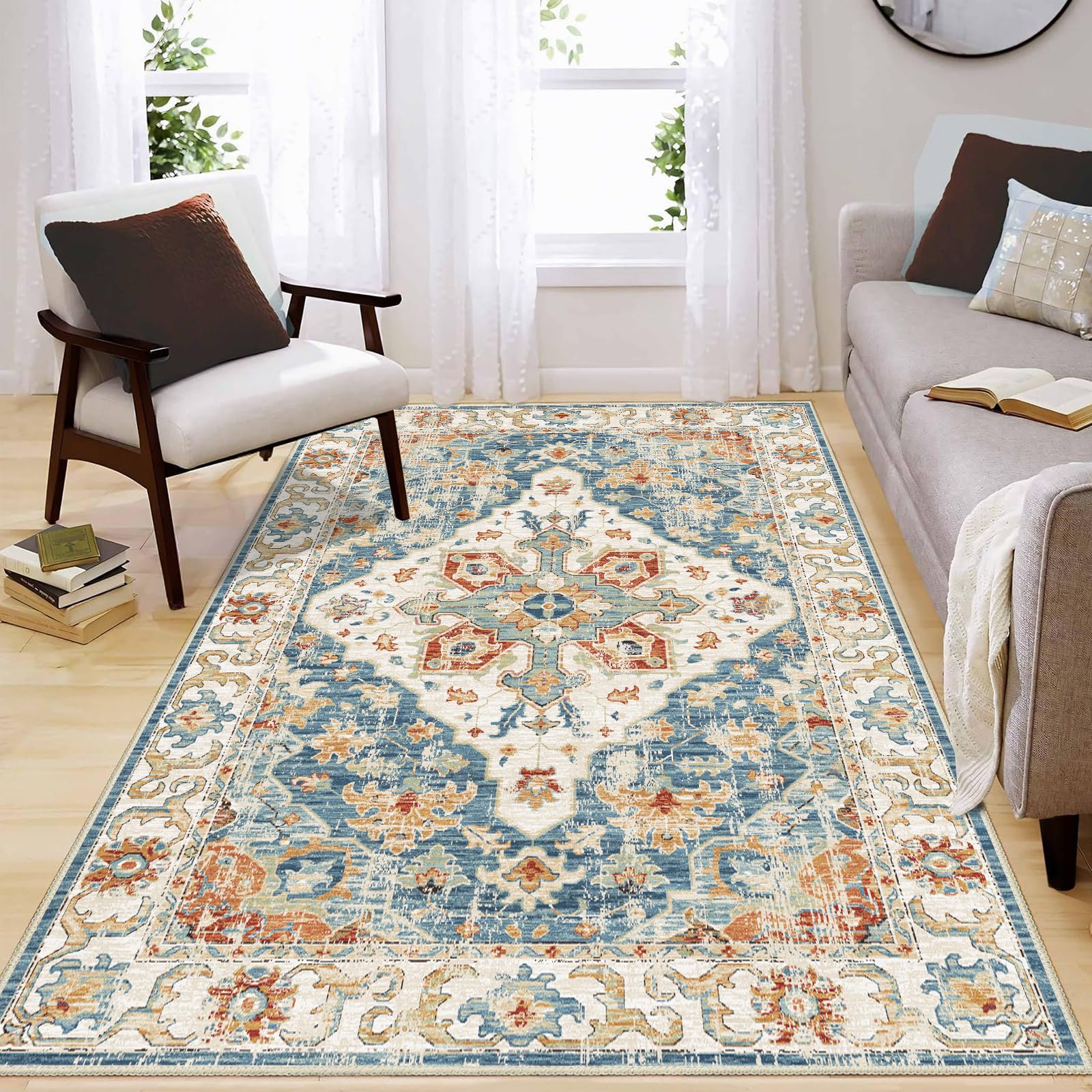 Enkor Area Soft Rugs 5x7 Washable Non Slip Boho Floor Rugs for Living Room Bedroom, Vintage Style Farmhouse Mat for Kitchen Entryway Orange & Blue