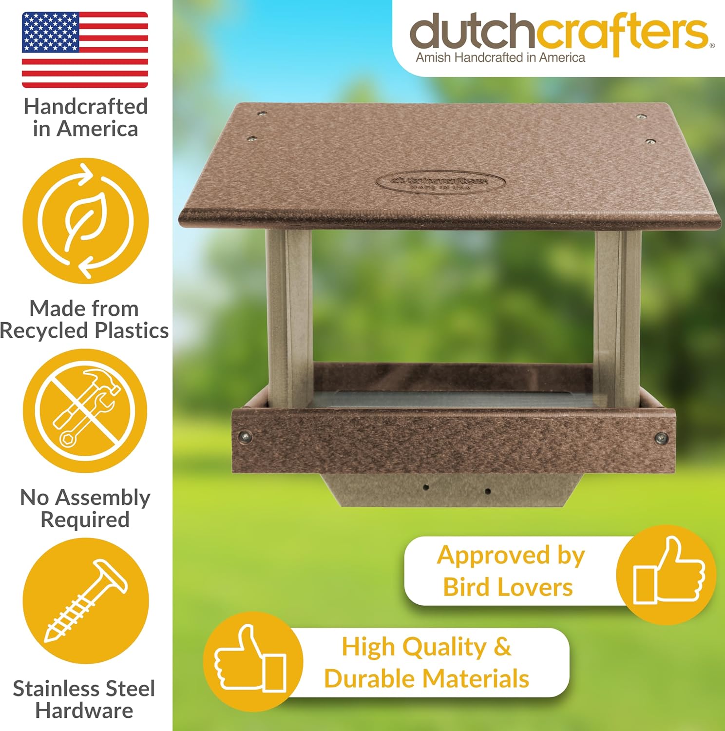 DutchCrafters Poly Large Hopper Bird Feeder Post Mount for 4" x 4", Wild Songbird Bird Seed Feeder for Outdoor, Outside, Garden, Yard - Amish Made in USA (Post Mount, Tudor Brown & Weatherwood)