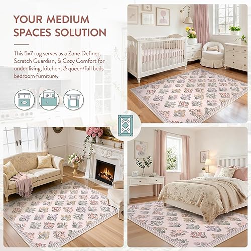 Miniatura 5 de Wonnitar Alfombras rosas para dormitorio, niñas, guardería, alfombra lavable con estampado floral de 5 x 7 pies, bohemio, ultrafina, antideslizante,