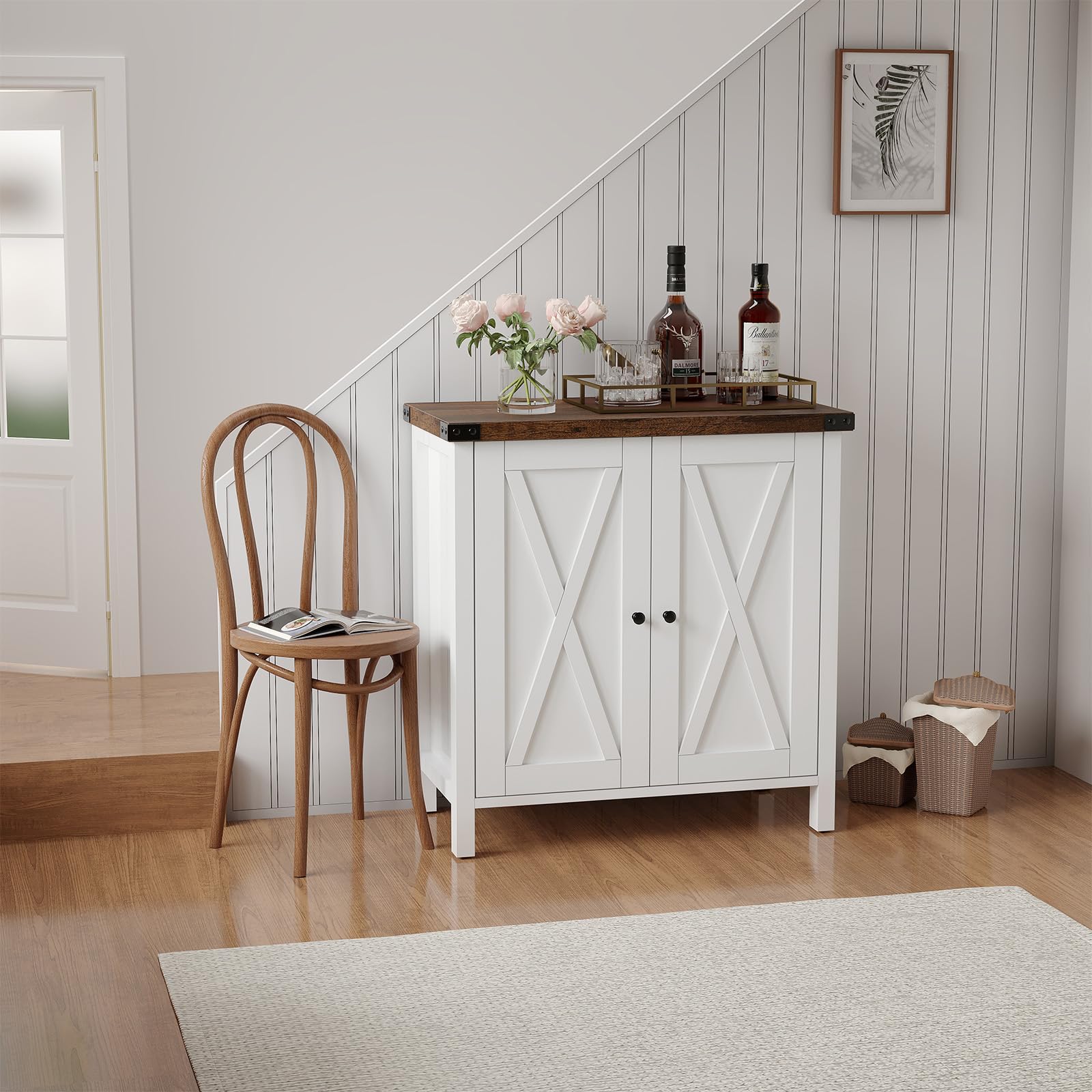 Aparador de Madera Maciza - Armario de 2 Niveles con Puerta - Tablero de 3 cm de Grosor - para Comedor, Salón, Recibidor - 76×40×80 cm - Marrón y Blanco