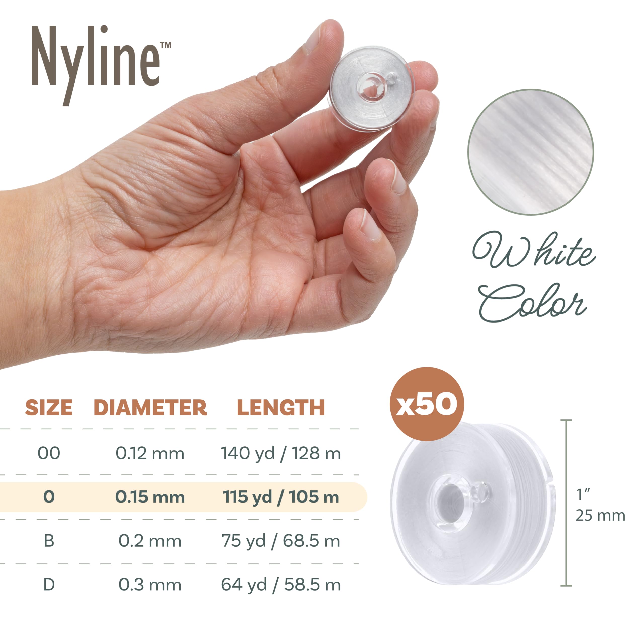 The Beadsmith Nylon Beading Thread - Rozmiar 0 (0,15 mm), biały, 50 szpul, 115 jardów (105 m) każda, mocna nić do tkania koralikami, tworzenia biżuterii na krośnie koralikowym i poza krosnem
