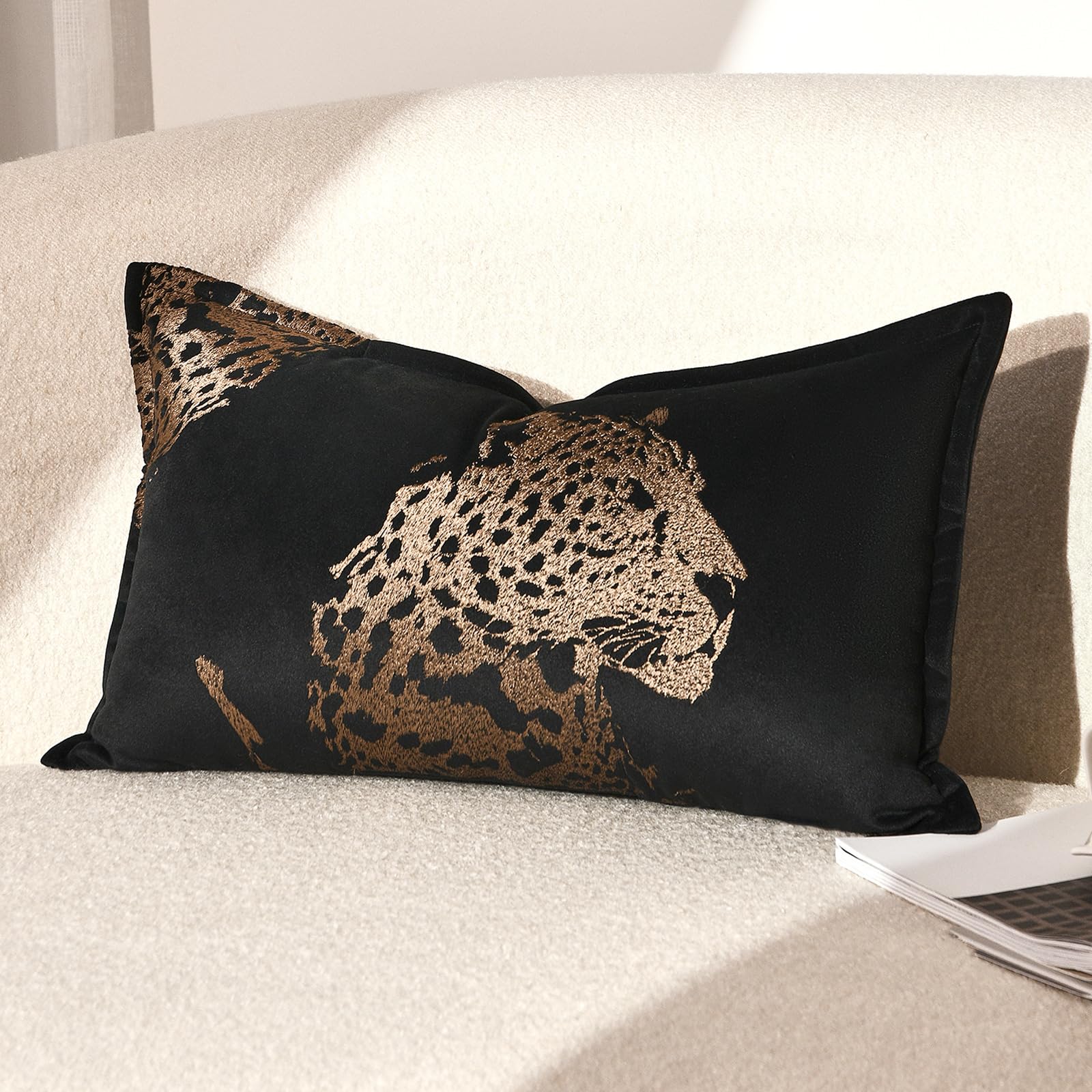 Velvet Lumbar Pillow Covers 12x20'' inches, Brown Cheetah Embroidered Throw Pillows Cover, Modern Decorative Pillow Cover for Bed Couch Sofa Bedroom Living Room