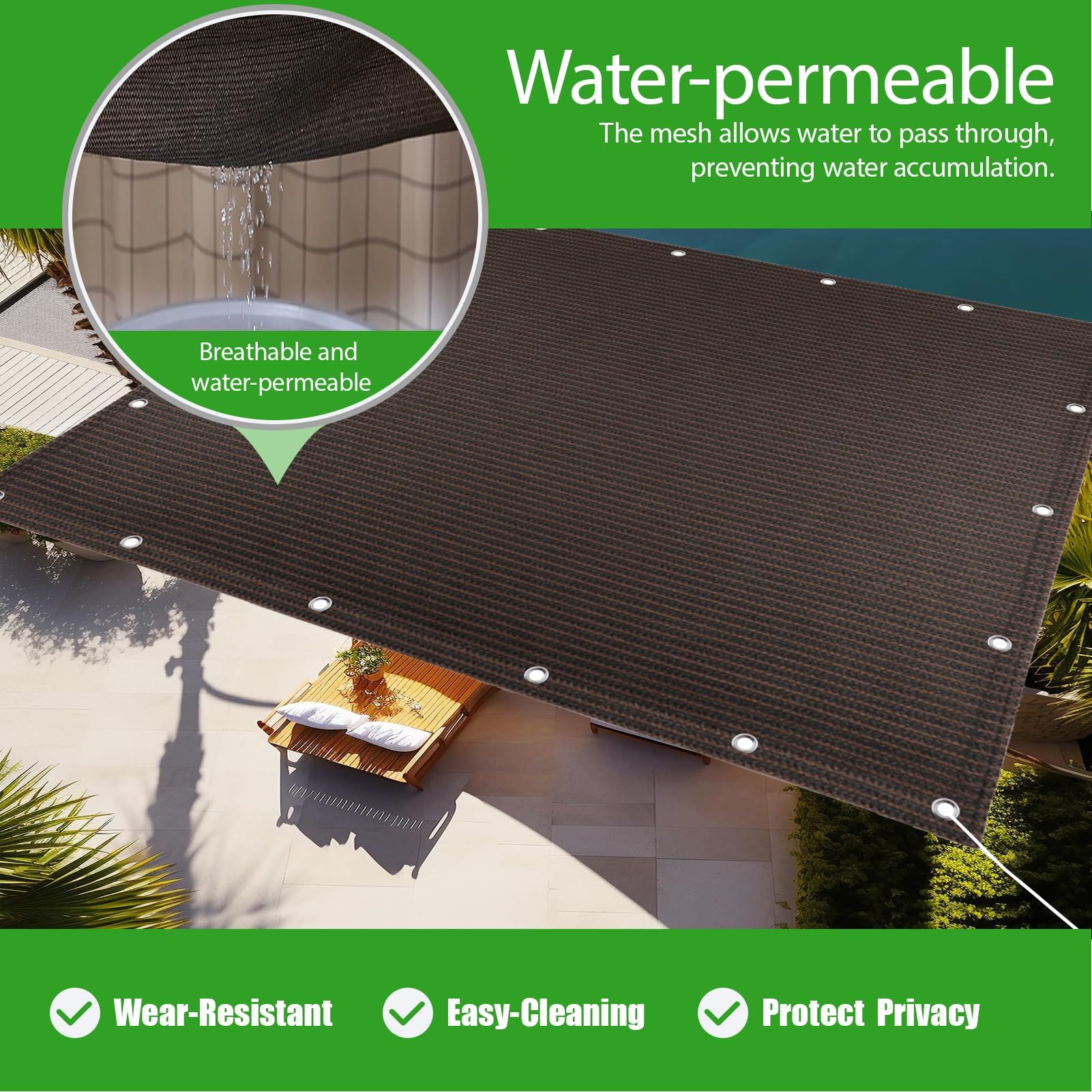 Żagiel Przeciwsłoneczny HDPE Prostokątny 225 x 590 cm Oddychający HDPE Oddychający Oczka Ze Stali Nierdzewnej Dla Patio, Dziedzińca I Basenu, brązowy
