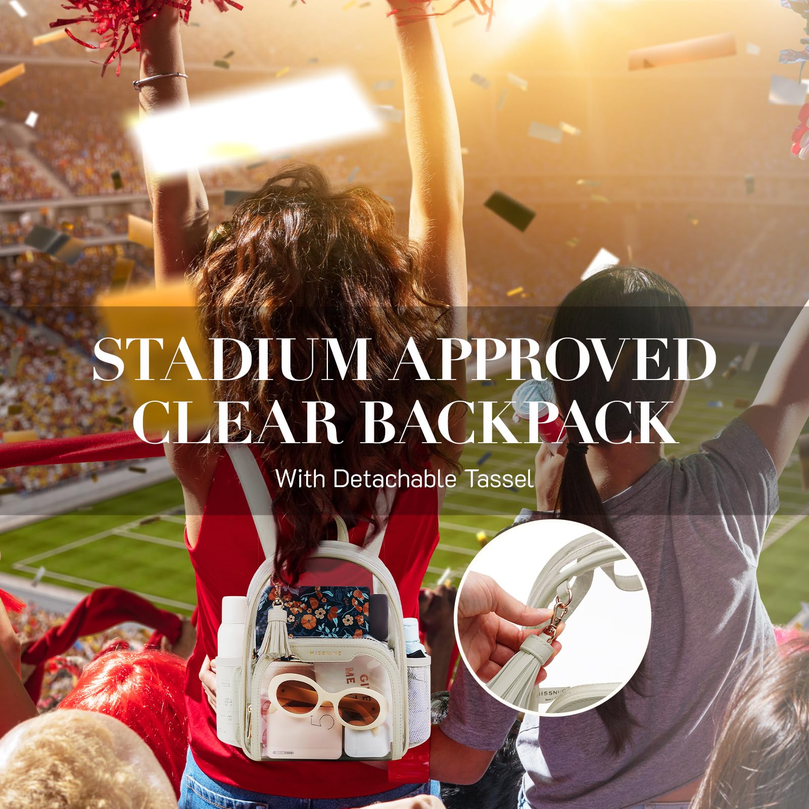 Missnine Zaino trasparente approvato dallo stadio, in PVC spesso, mini borsa trasparente con finiture in pelle per eventi sportivi, concerti, festival