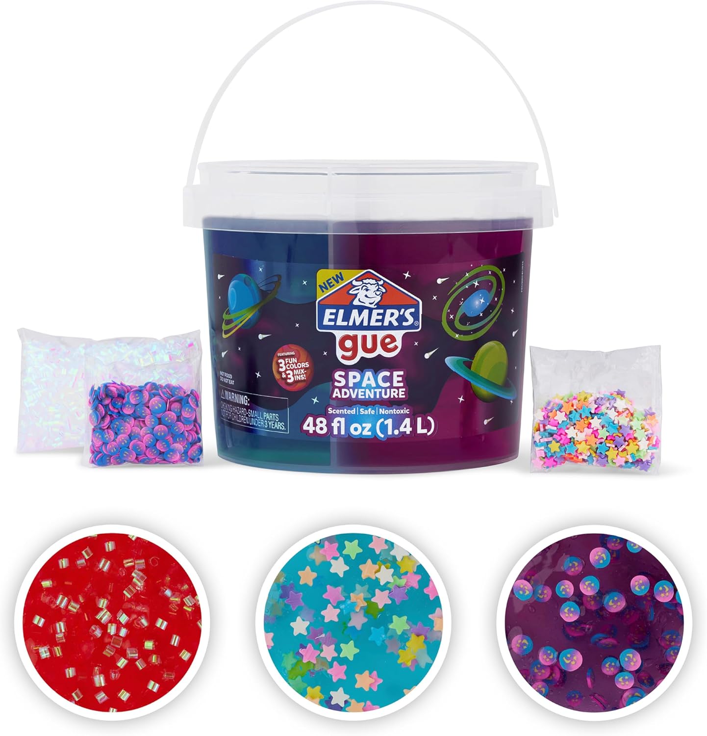 Elmer’s Gue Premade Slime Bucket, Space Adventure Theme, Includes 3 Lb. Bucket with 3 Types of Slime and 3 Sets of Add-ins