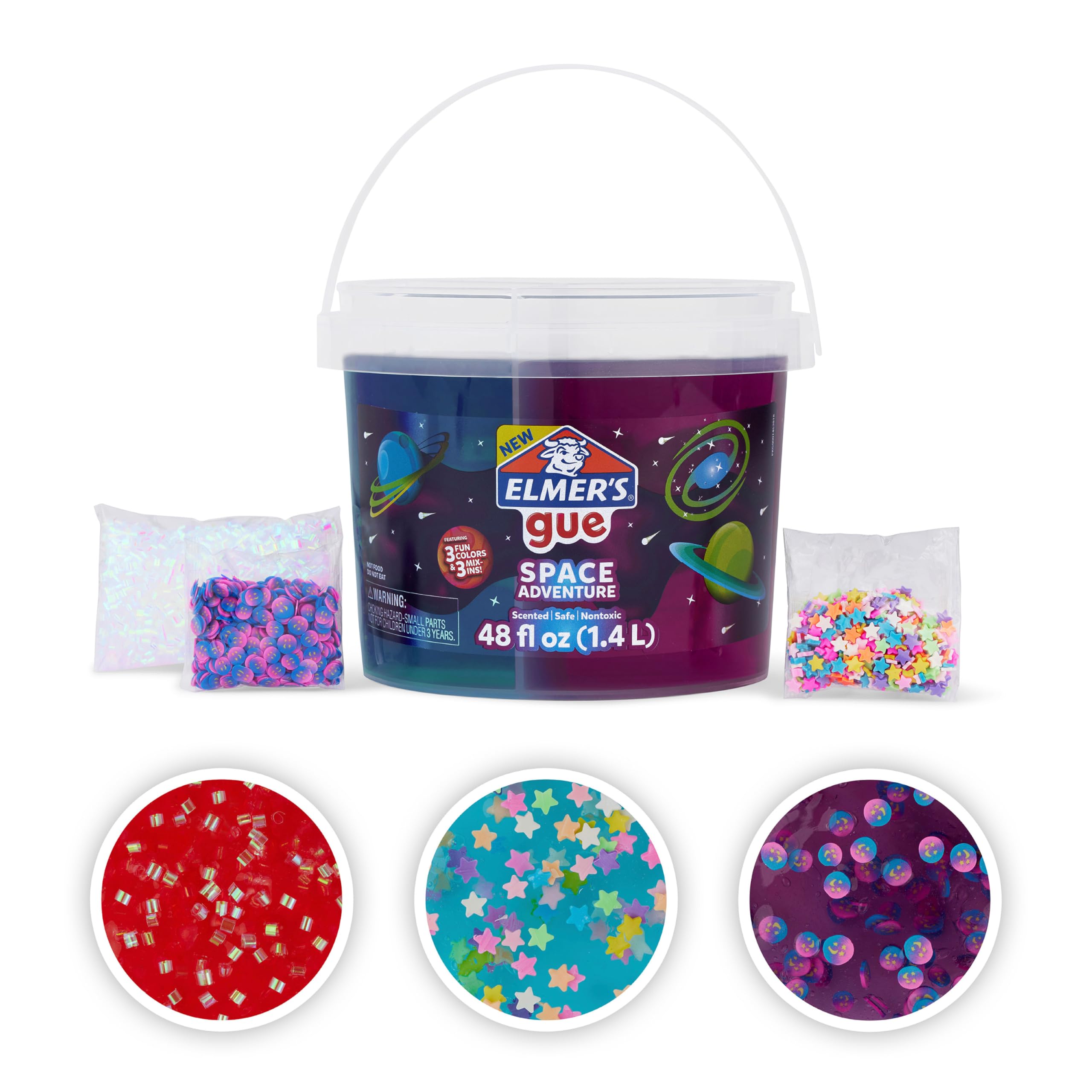 Elmer’s Gue Premade Slime Bucket, Space Adventure Theme,3 Lb. Bucket with 3 Scented Slimes and 3 Sets of Add-Ins,Perfect for Kids Party Favors,Sensory Toys for Adults, Classroom Prizes and Goodie Bags