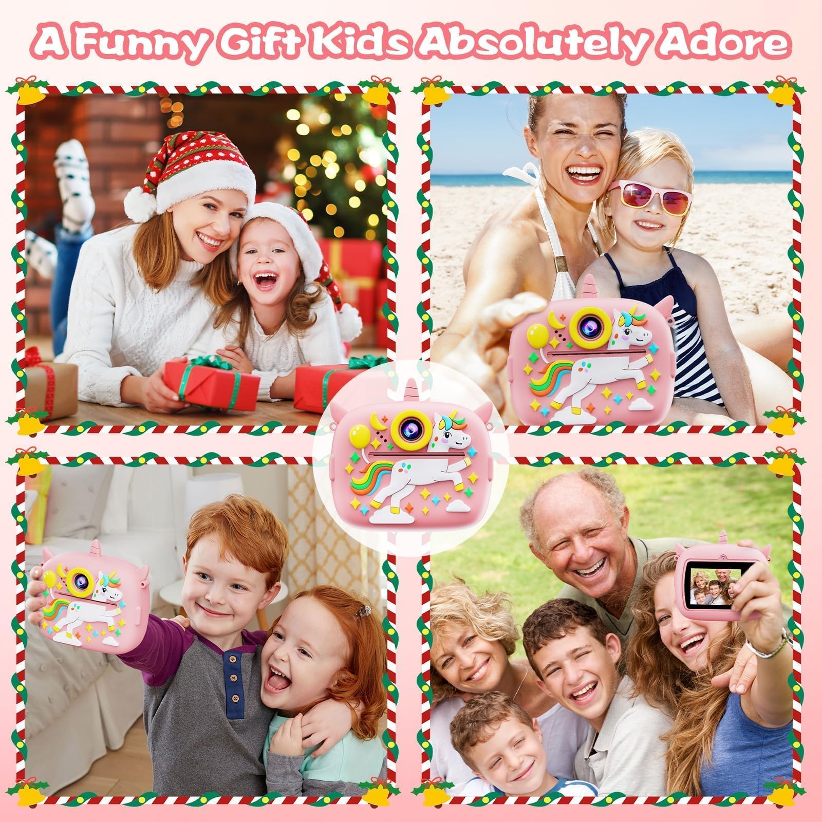 Appareil Photo Instantané, 2,4" Écran Appareil Photo Instantané Enfant a Carte 32G/4 Rouleaux Papier/6 Stylos Colorés, 1080P, pour Enfant 3-12Ans - Selfie/Photo(Rose)