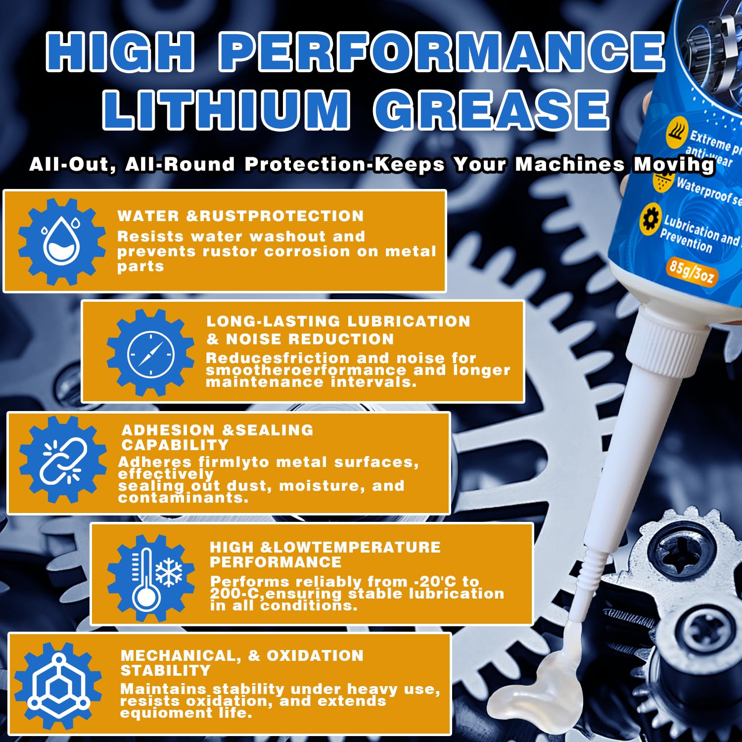 Lithium Grease Multi-Purpose Grease Waterproof Lubricant for Hinges, Bearings, Gears, Track Rail, Ideal for Marine, Automotive, Industrial & Household 3oz/85g