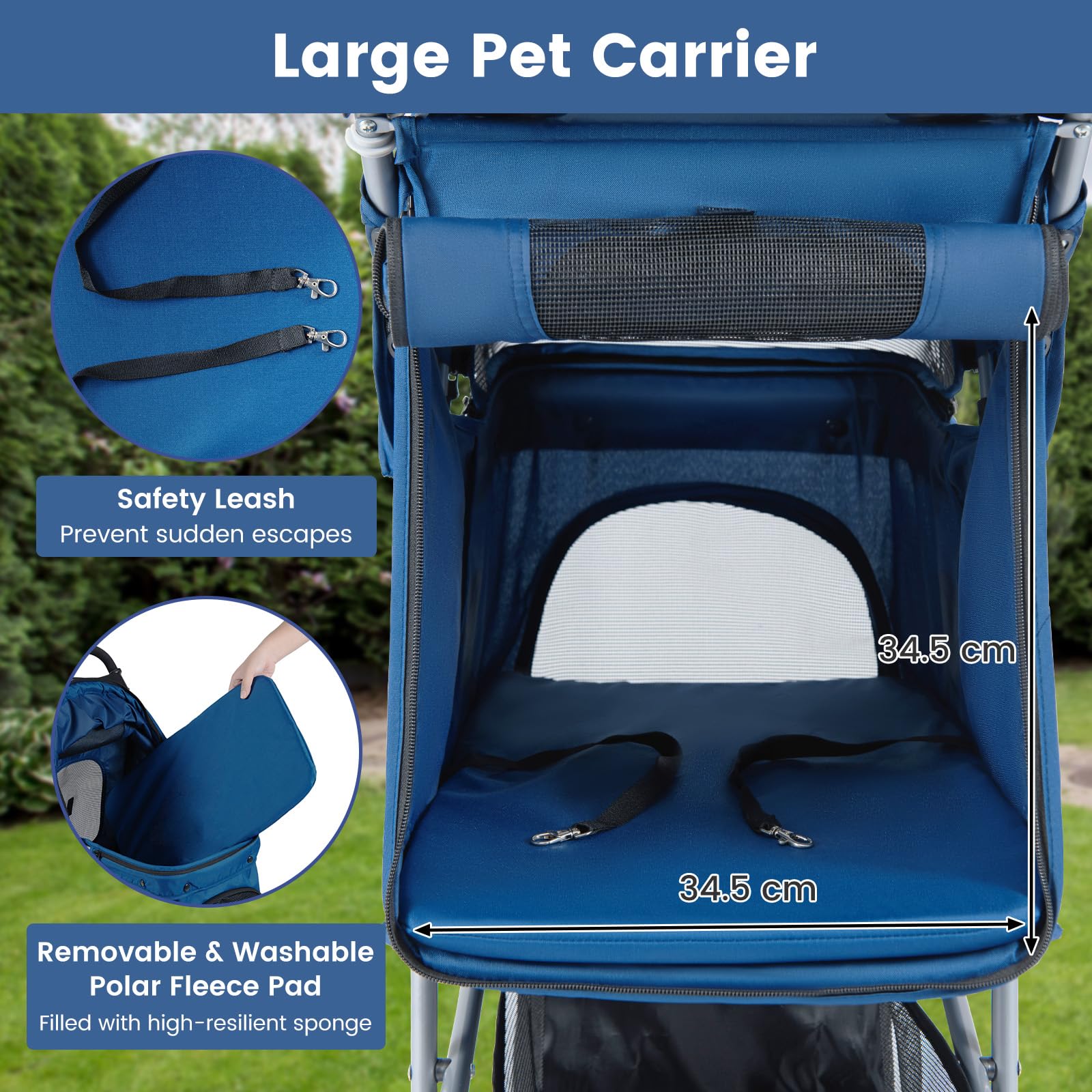 FANTASK Haustierwagen klappbar, Hundebuggy 3 Rad bis 15 kg mit verstellbarem Sonnendach & Polster, Katzenbuggy mit Netzfenstern Griff Korb für Hunde Katzen, Blau