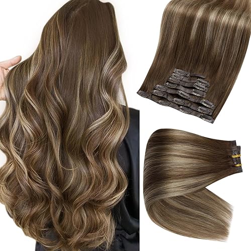 Full Shine - Extensiones de cabello humano Remy con clip, balayage, sedoso, lacio, brasileño, castaño degradado con mezcla de rubio, trama de